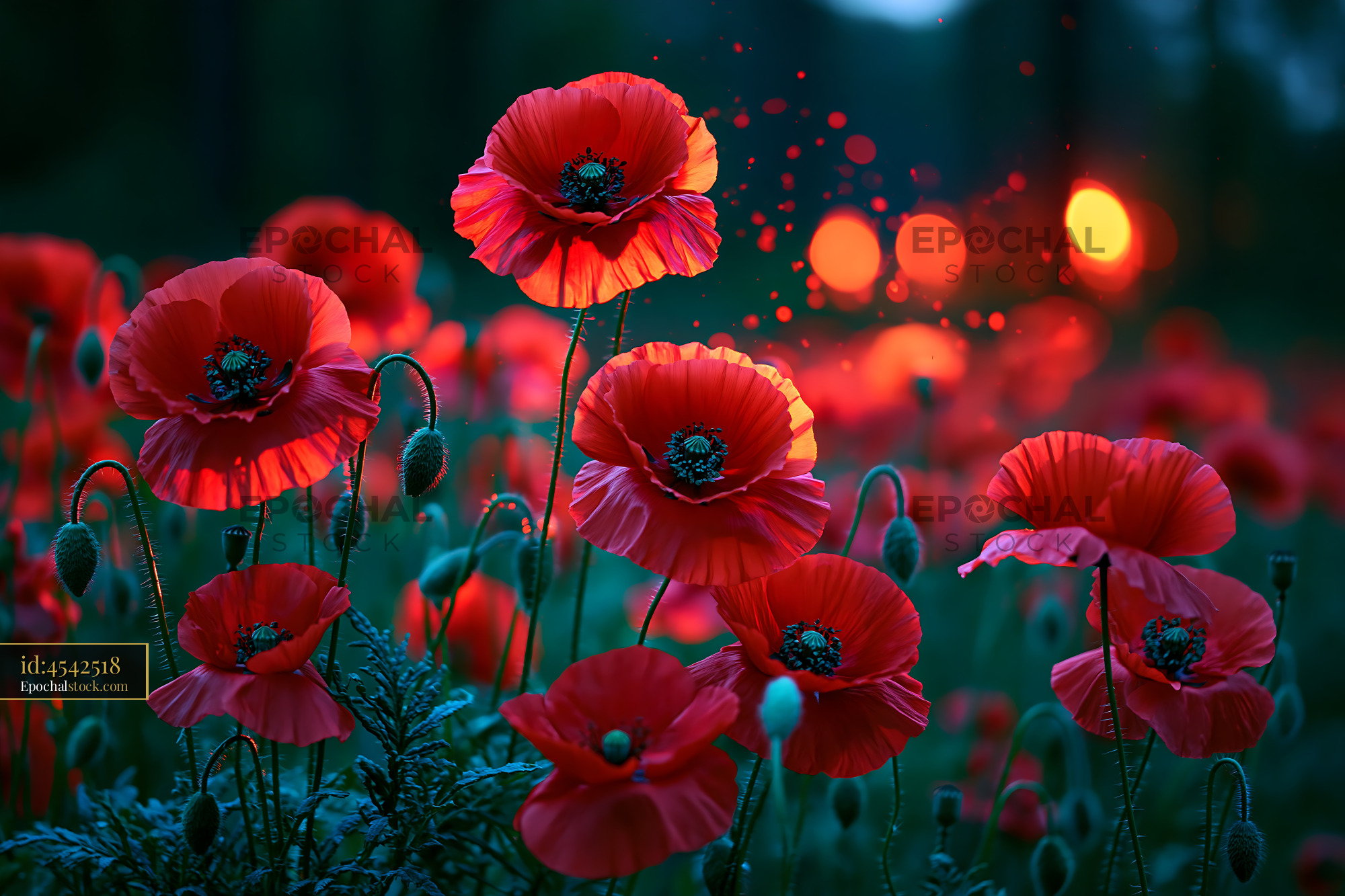 Watermarked full-resolution preview of Red poppies in a field during twilight