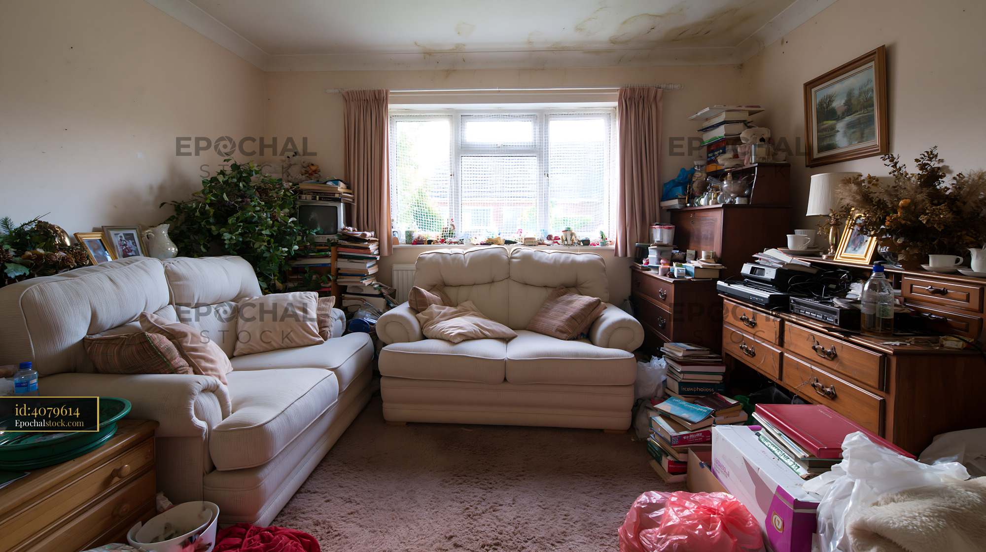 Watermarked full-resolution preview of Living room filled with clutter and disorganized furniture