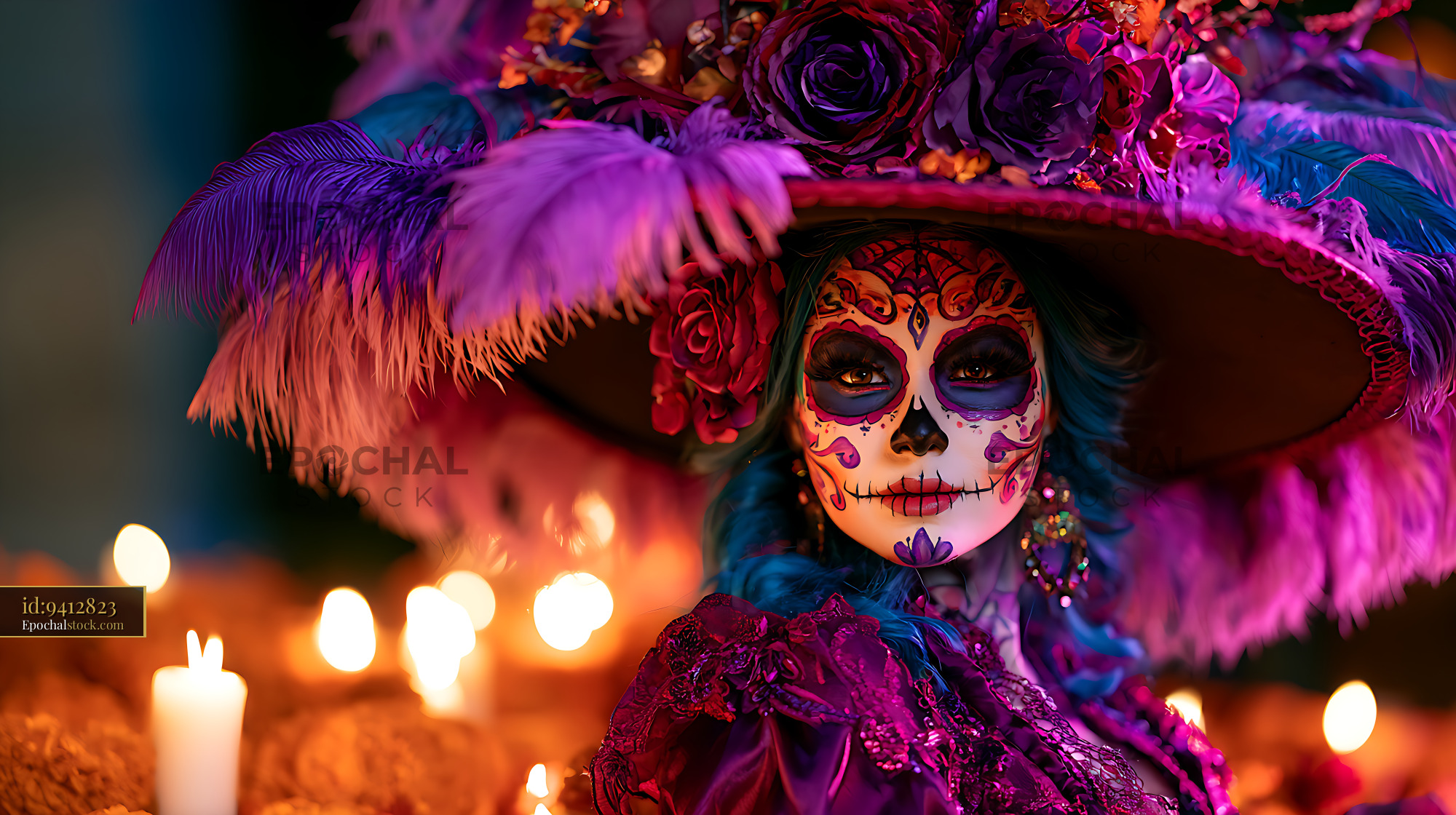 Watermarked full-resolution preview of Colorful skull makeup portrait with flowers, feathers, and candles