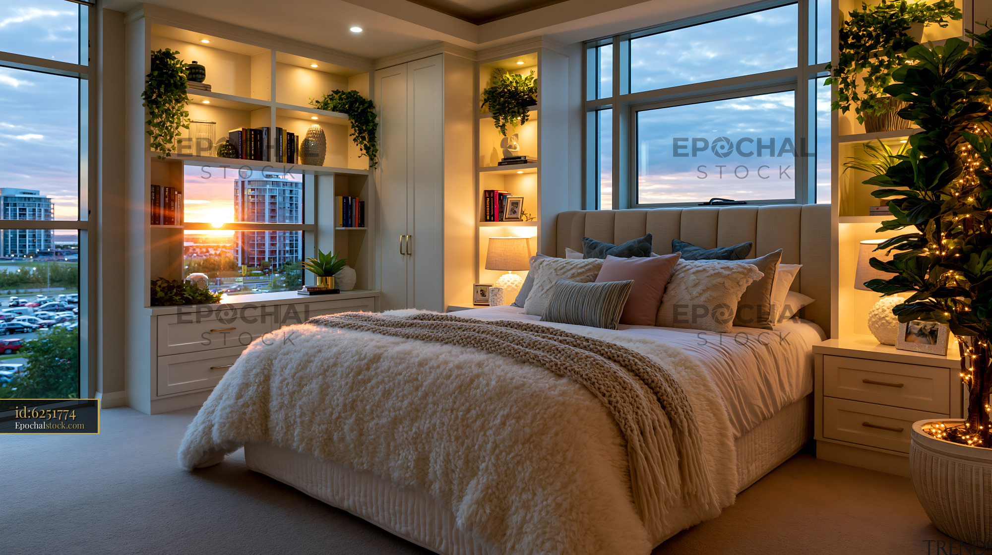 Watermarked full-resolution preview of Cozy bedroom with soft lighting and a sunset view