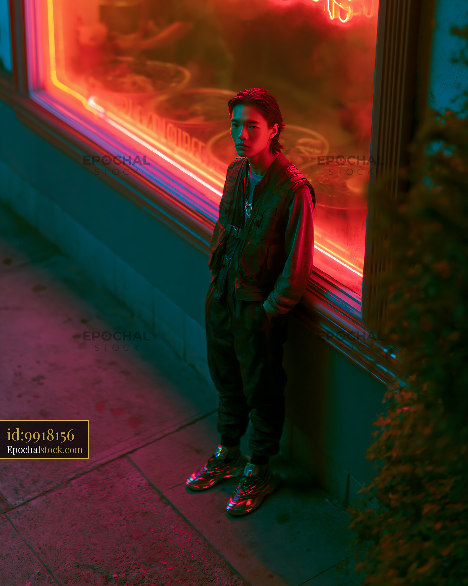 Watermarked full-resolution preview of Person standing in urban area with neon lights at night