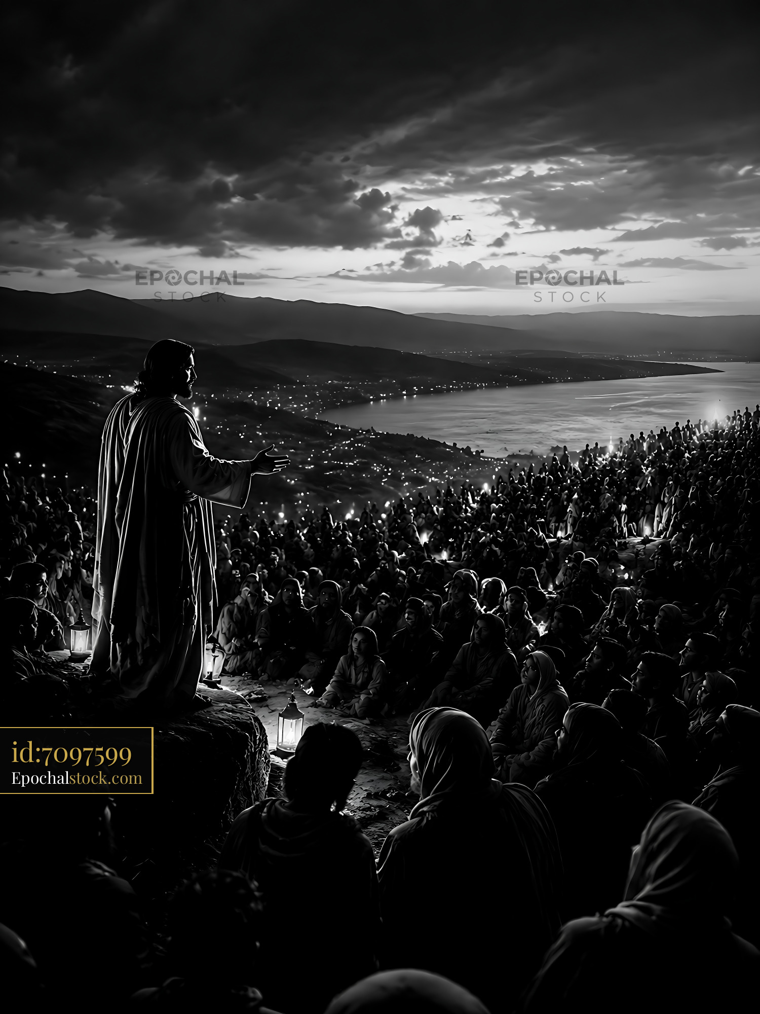 Watermarked full-resolution preview of Crowd listens to speaker at dusk by the lake
