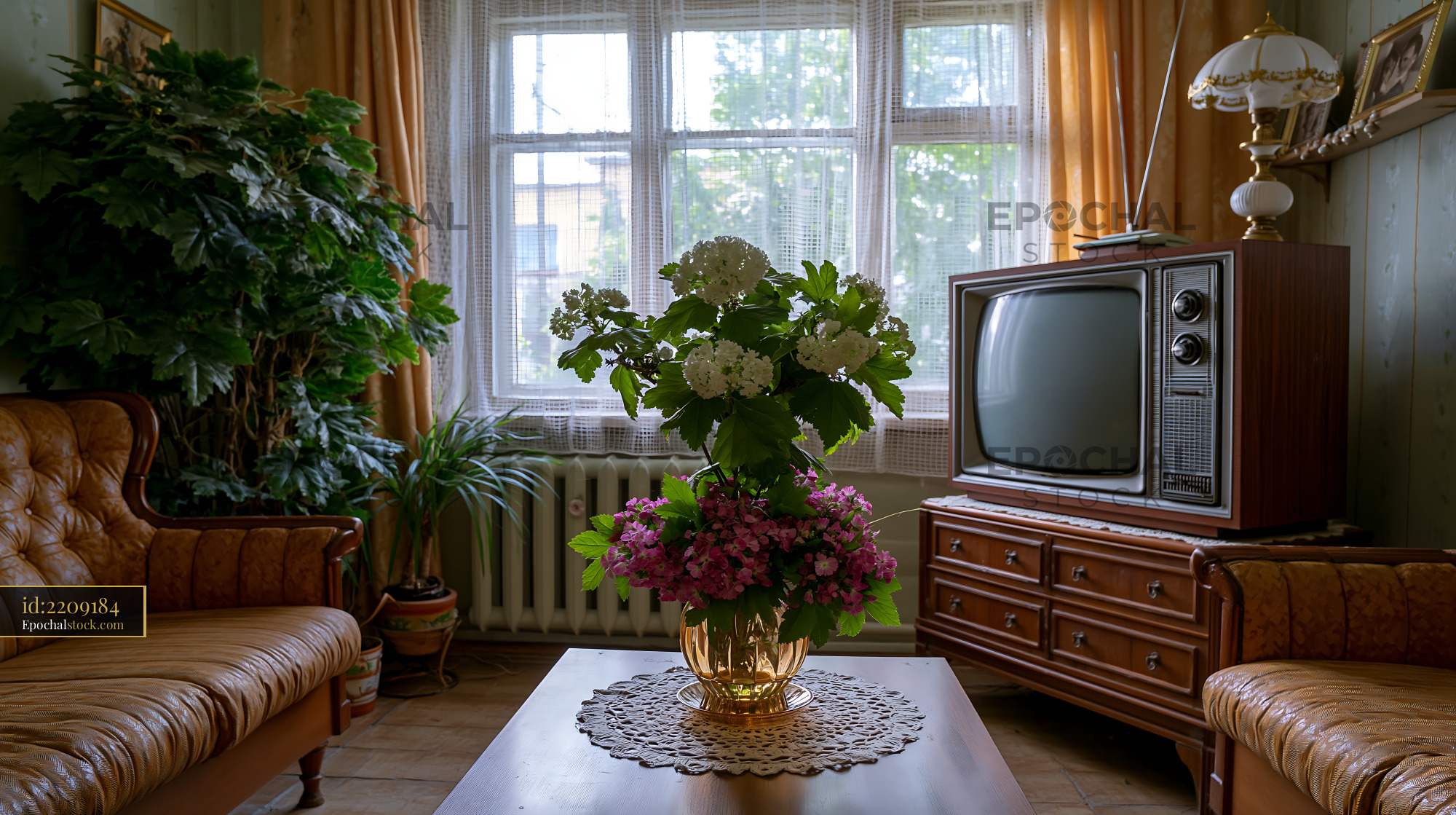 Watermarked full-resolution preview of Vintage living room with floral arrangement and old television