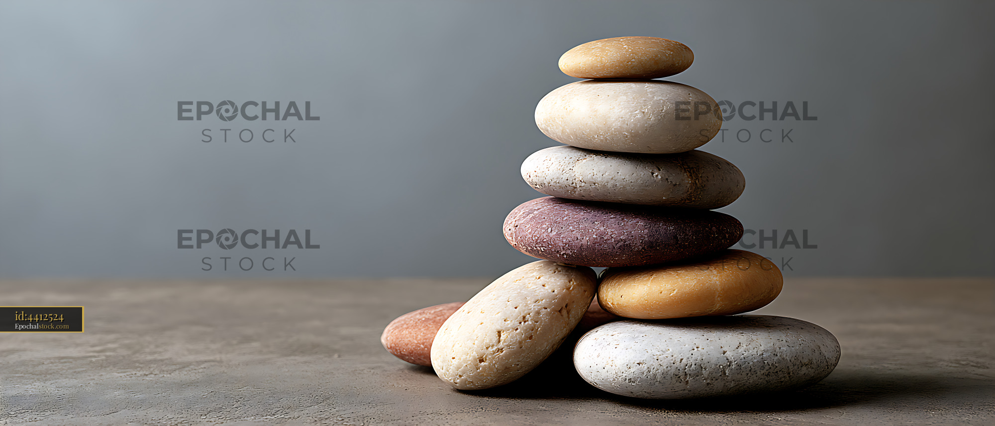 Watermarked full-resolution preview of Balanced pile of smooth stones on a textured surface