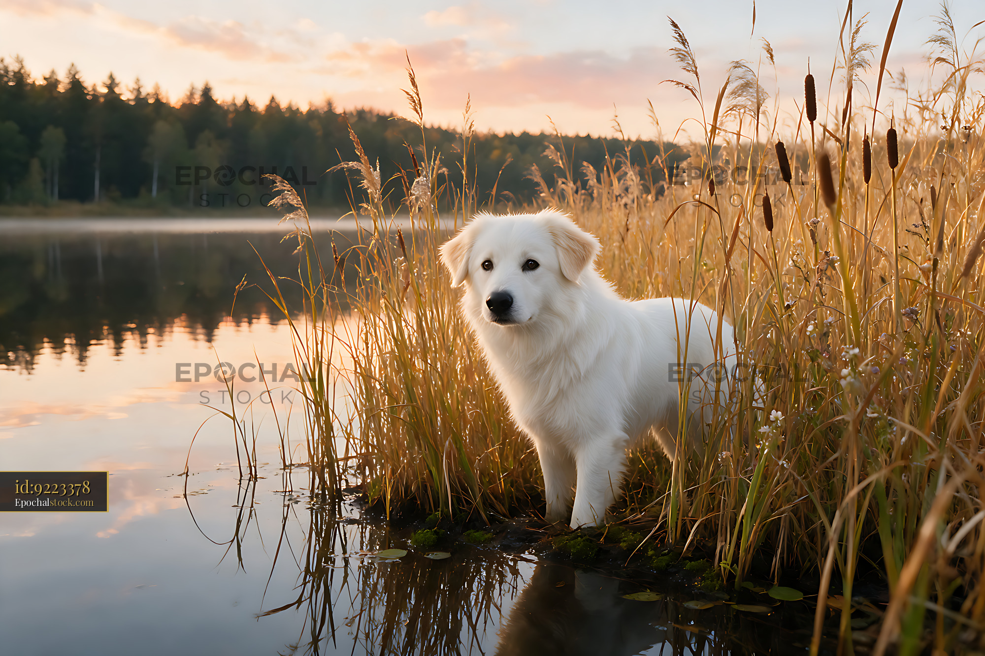 Watermarked full-resolution preview of White dog in lakeside reeds at sunset