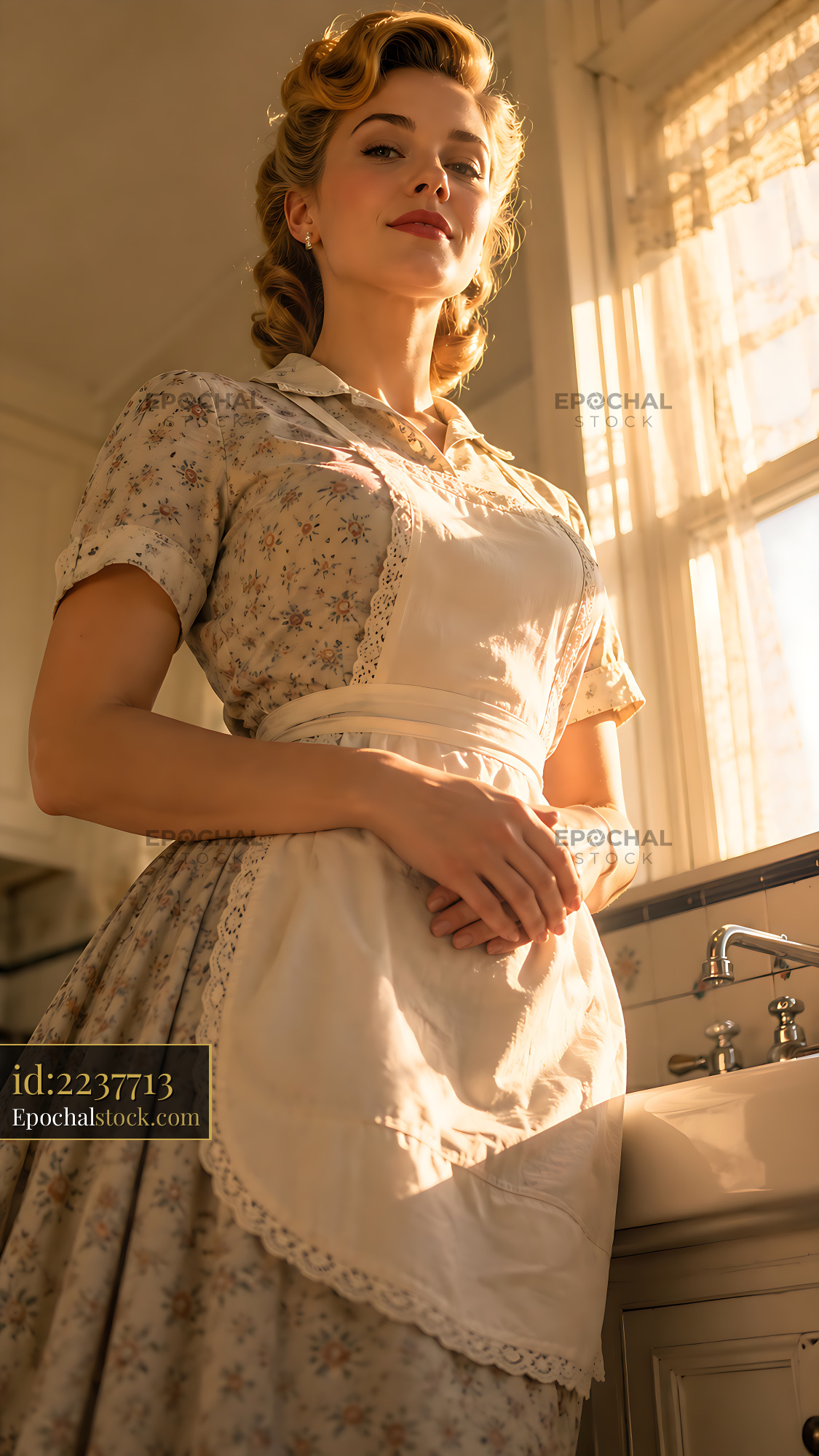 Woman in Apron Stands Proudly in Vintage Kitchen Setting - stock photo