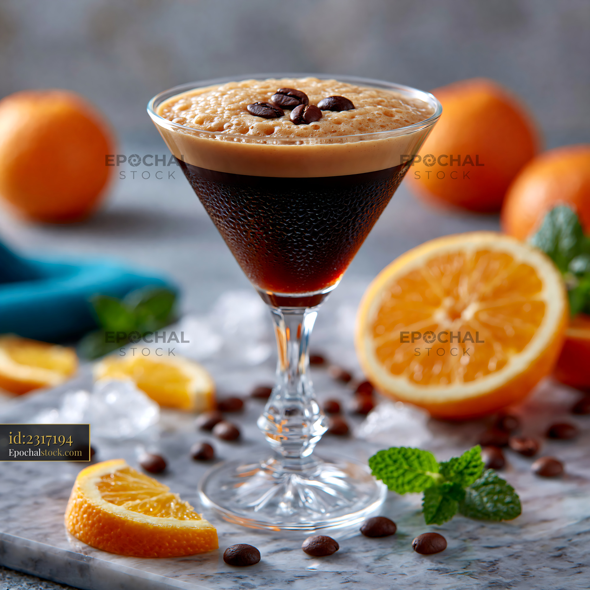 Watermarked full-resolution preview of Coffee cocktail with orange slices and coffee beans on a table