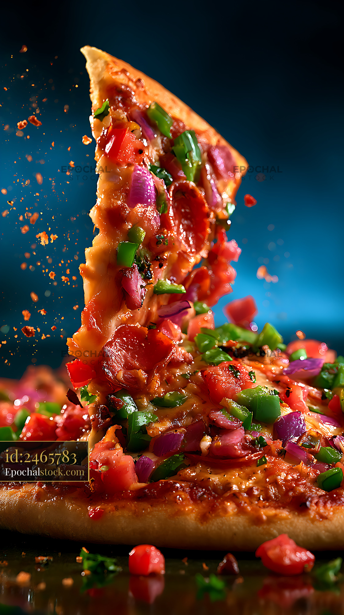Watermarked full-resolution preview of Loaded vegetable pizza slice in dramatic close-up