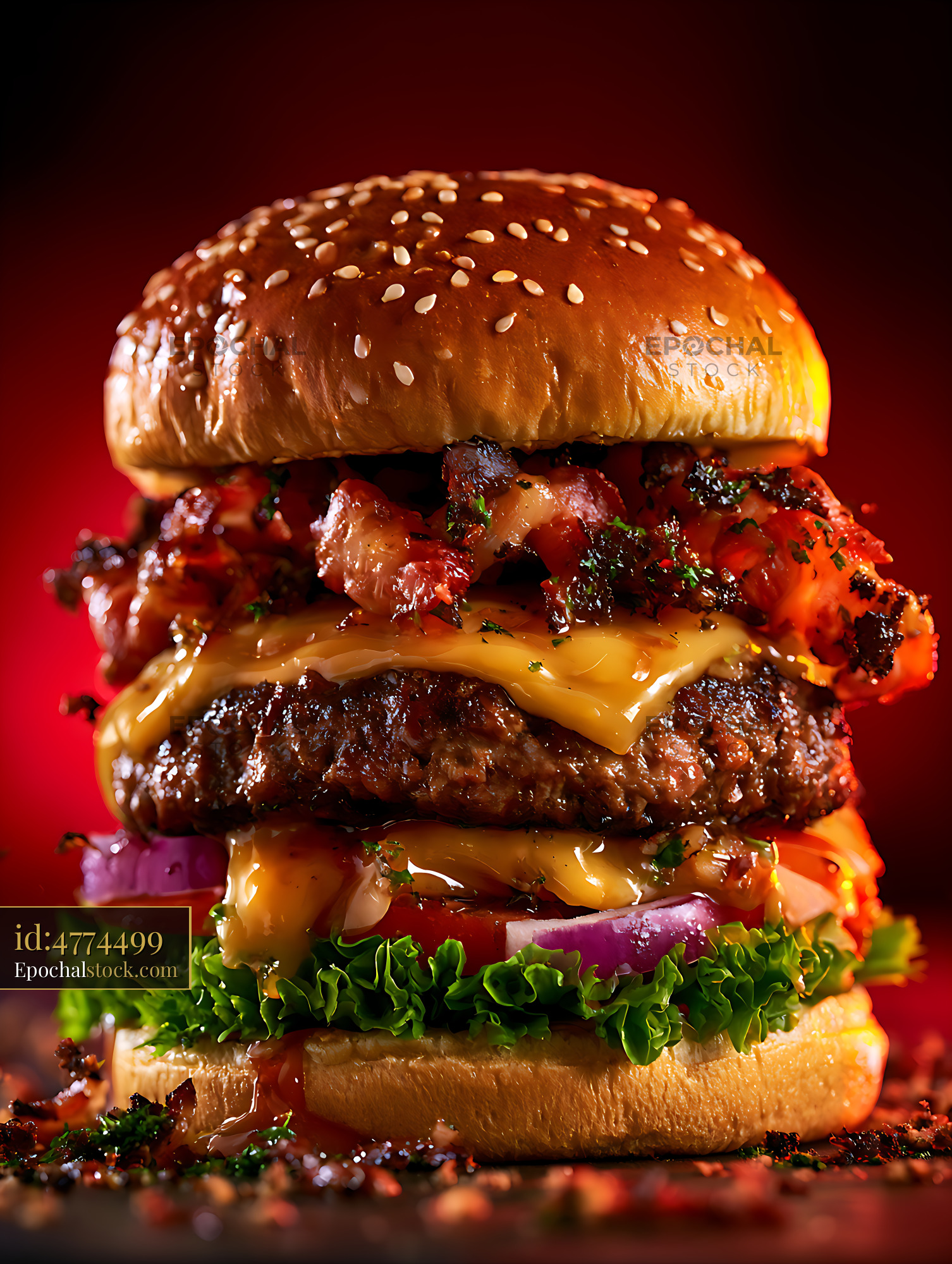 Watermarked full-resolution preview of Juicy burger with layers of cheese, bacon, and fresh vegetables