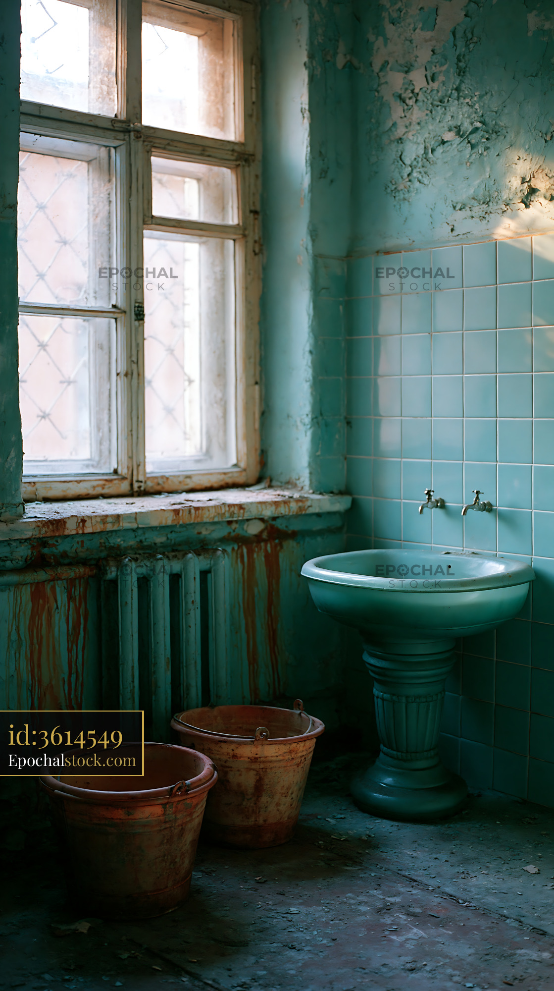 Watermarked full-resolution preview of Old bathroom with blue tiles and rustic buckets