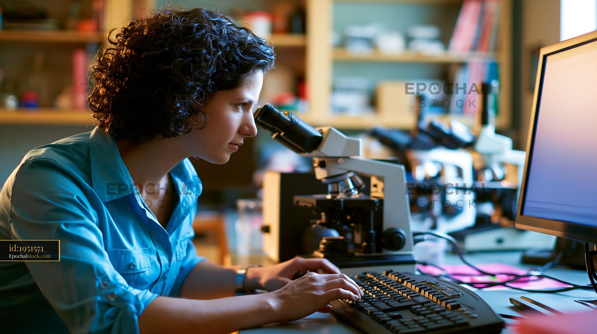 Watermarked full-resolution preview of Woman working in a laboratory with a microscope and computer