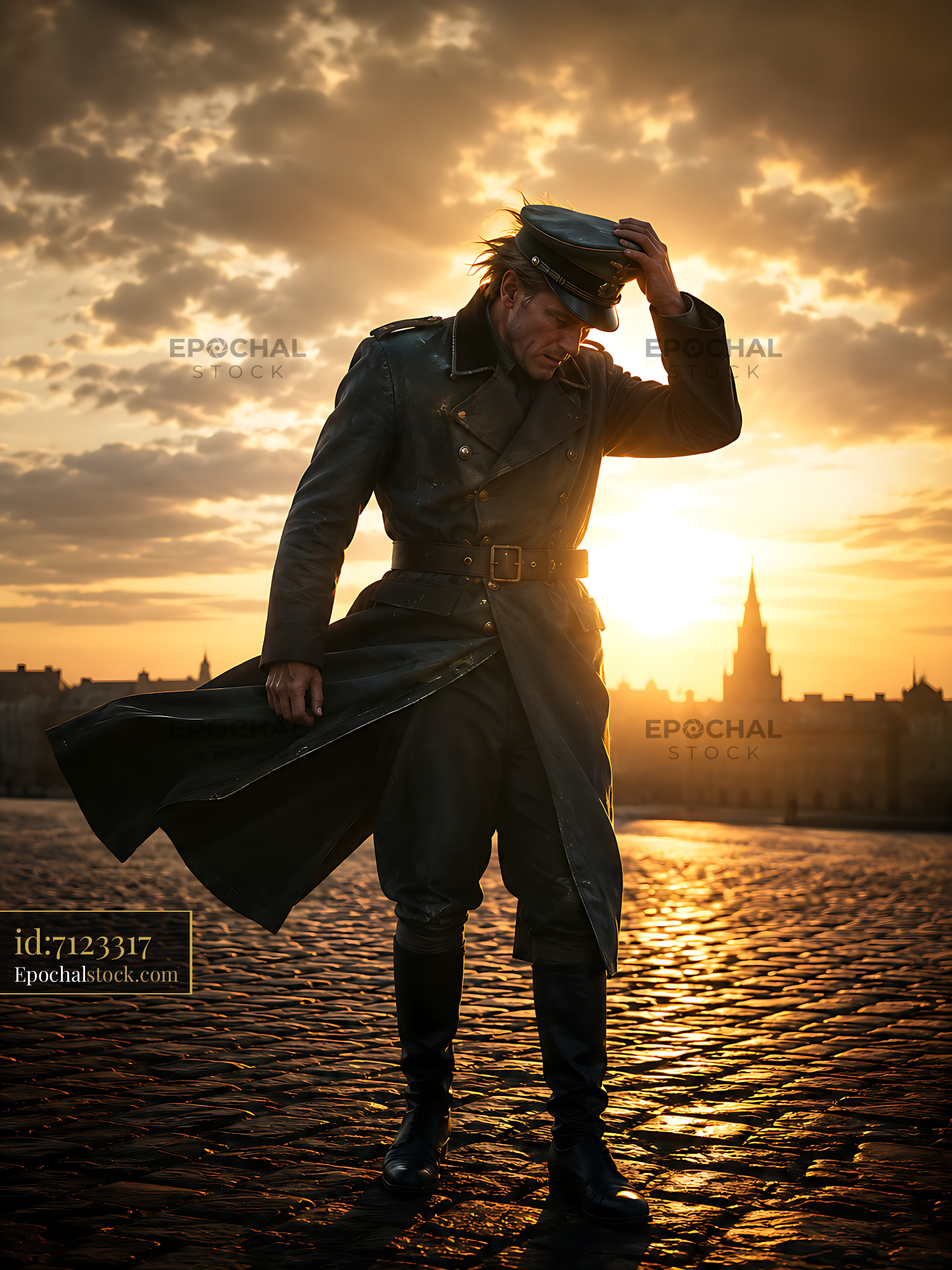 Watermarked full-resolution preview of Man in military coat adjusting cap at sunset