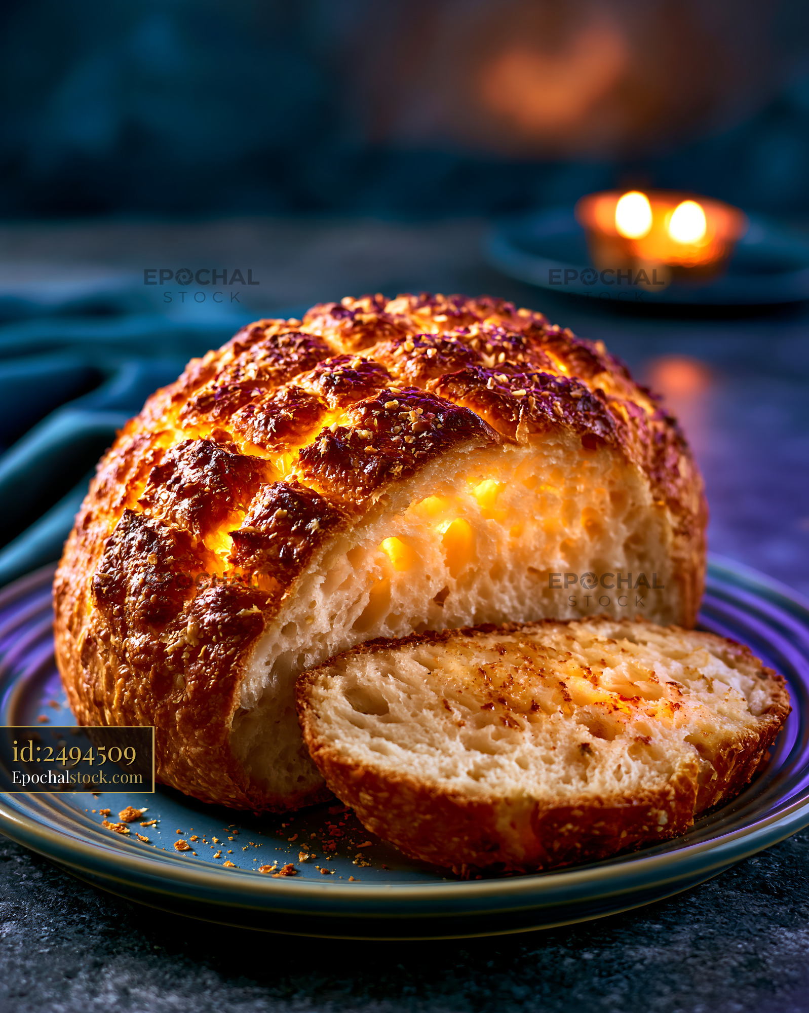 Watermarked full-resolution preview of Freshly baked bread loaf on a plate with a slice cut