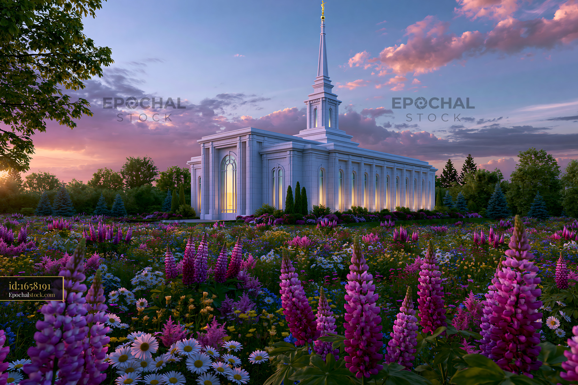 Watermarked full-resolution preview of Garden with flowers near a white church building at sunset