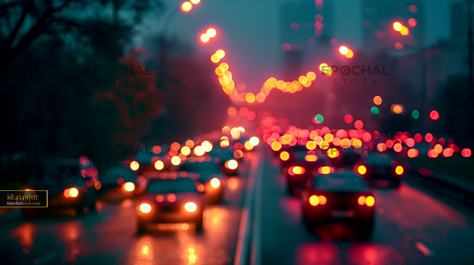 Watermarked full-resolution preview of Traffic at night with blurred lights in urban setting