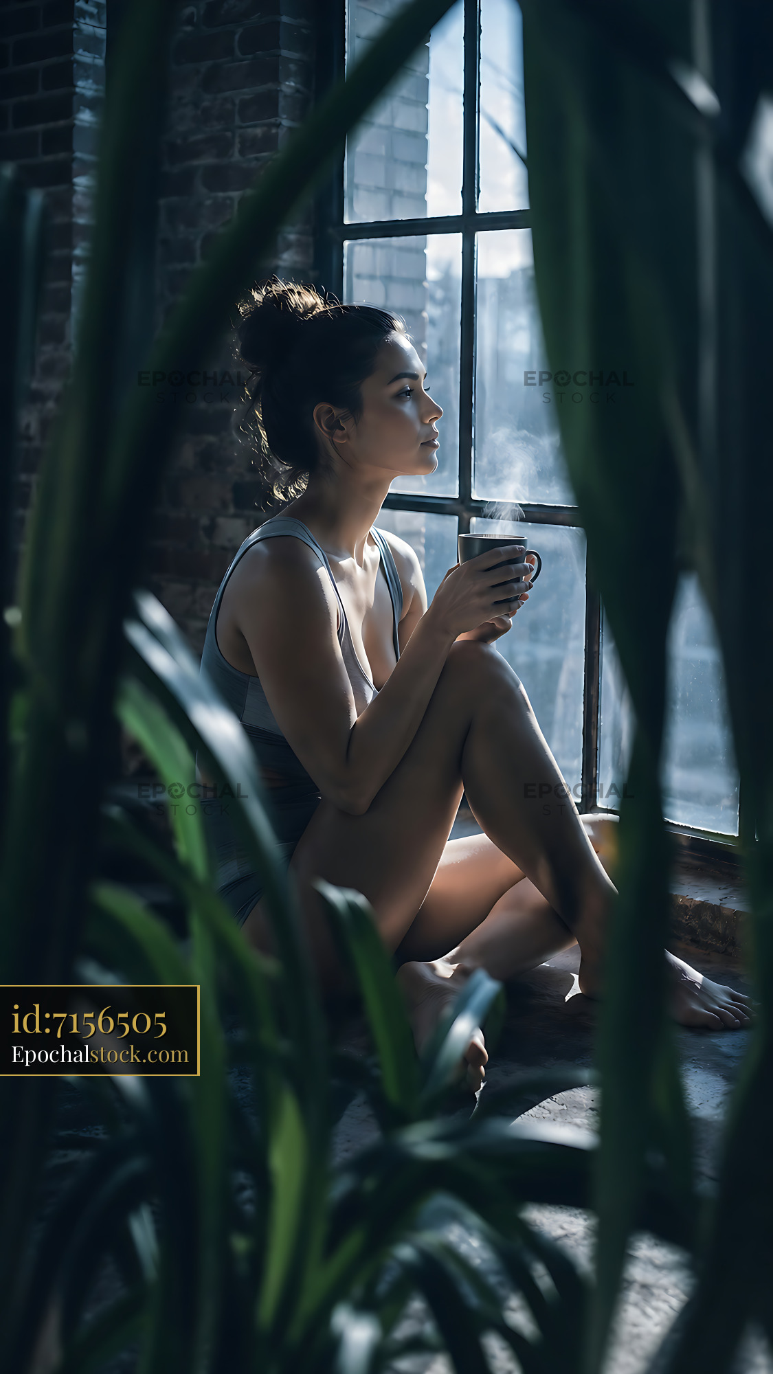 Watermarked full-resolution preview of Woman sitting by window with coffee in cozy indoor space