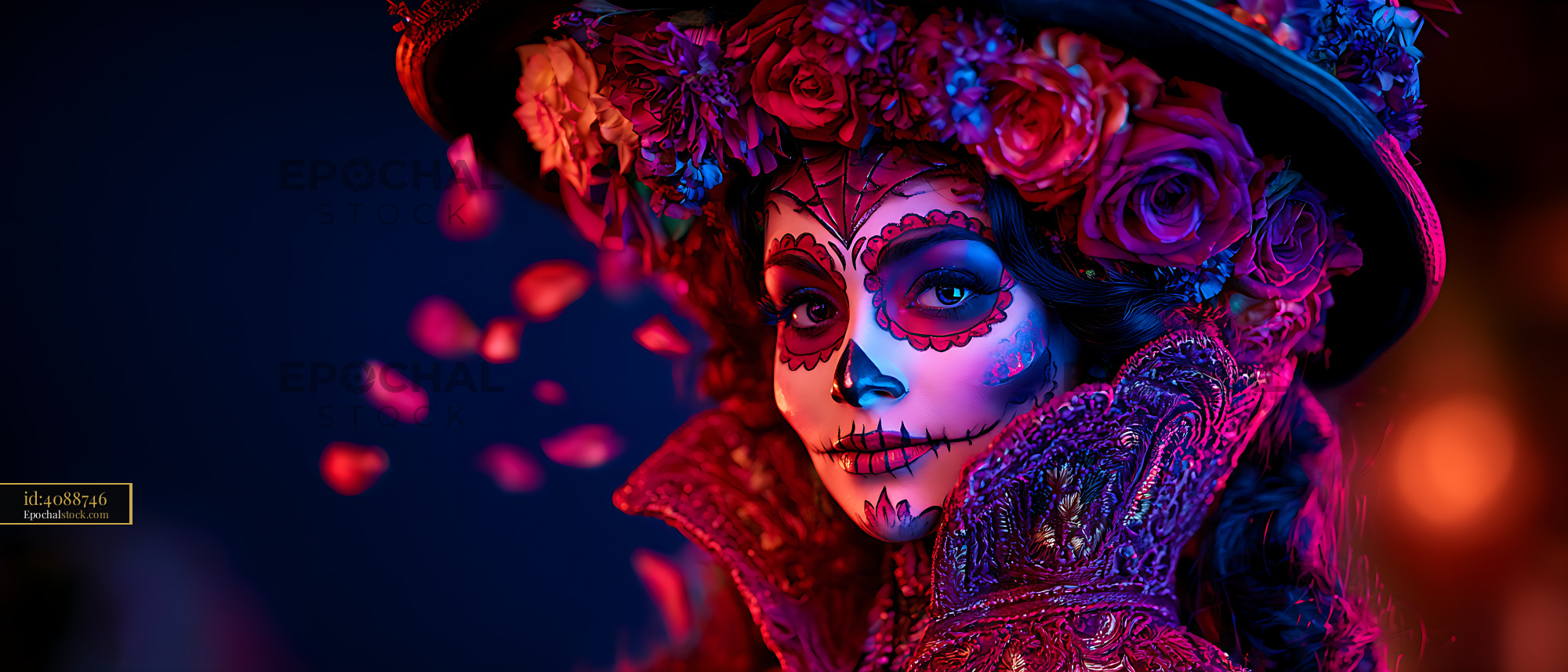 Watermarked full-resolution preview of Woman in colorful costume with face paint and flowers