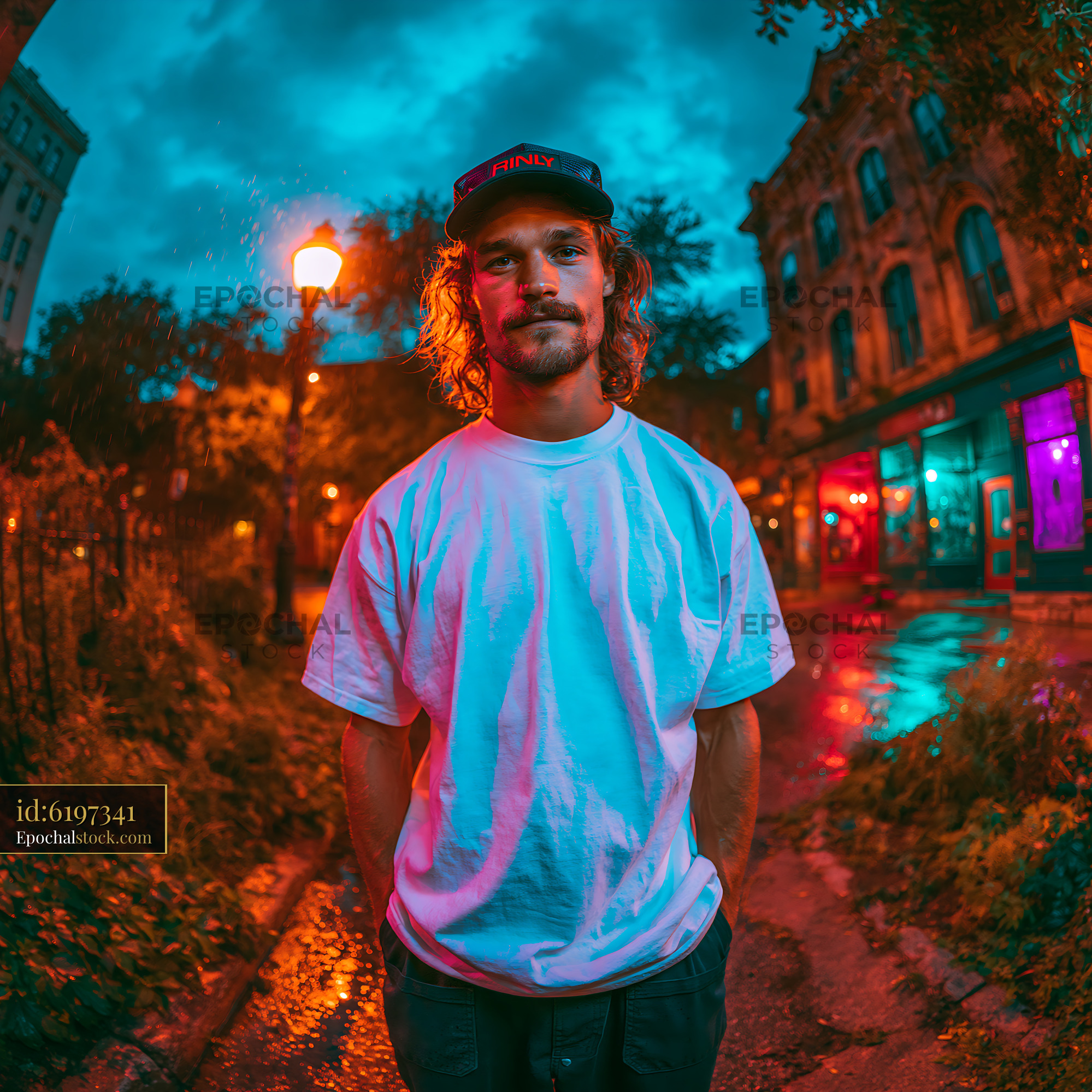 Watermarked full-resolution preview of Man stands in colorful urban street at night