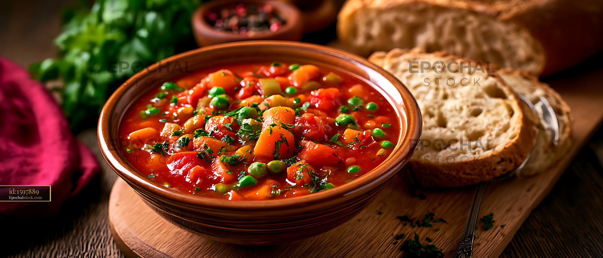 Watermarked full-resolution preview of Colorful homemade vegetable stew served with bread