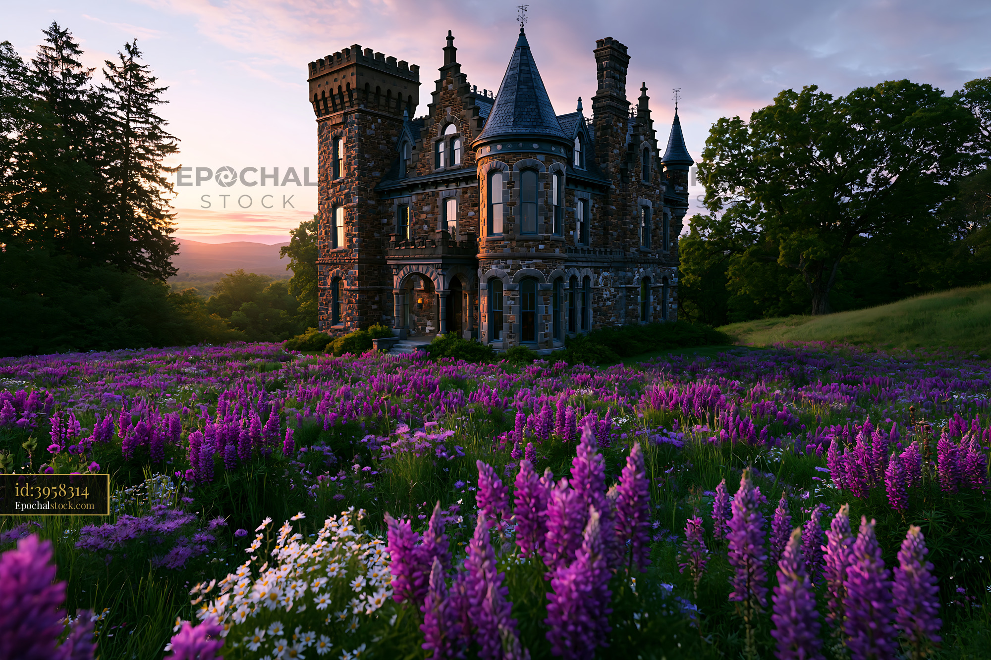 Watermarked full-resolution preview of Old stone mansion surrounded by blooming flowers at sunset