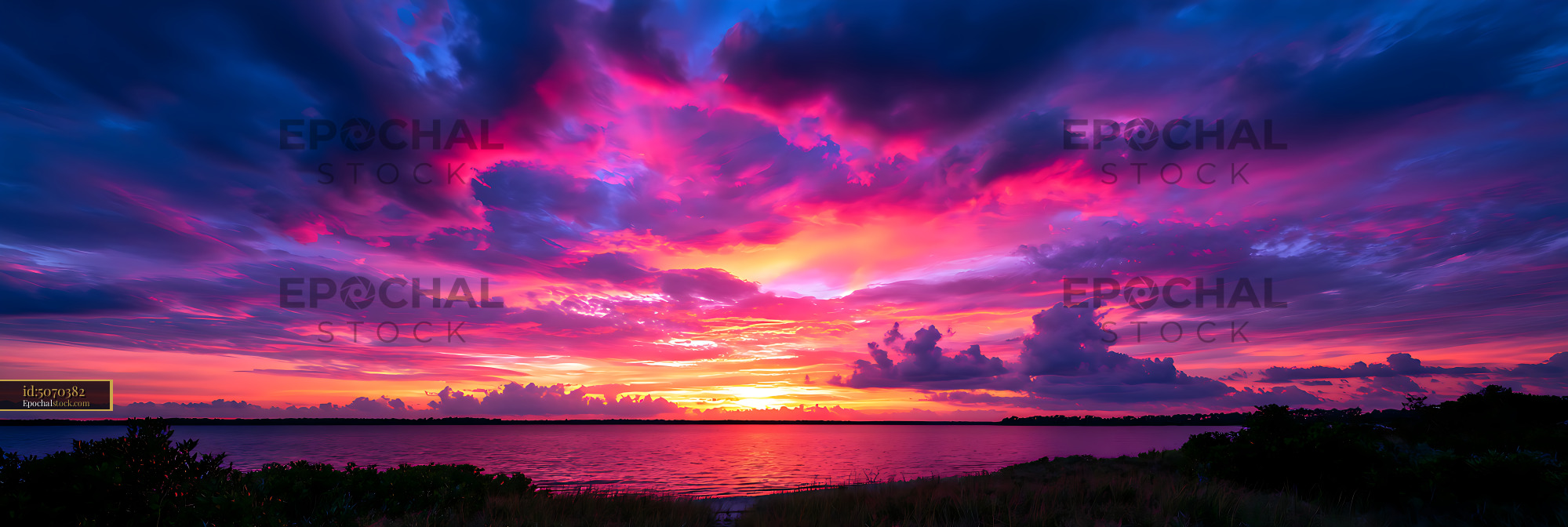 Watermarked full-resolution preview of Colorful sunset sky reflected on calm coastal water