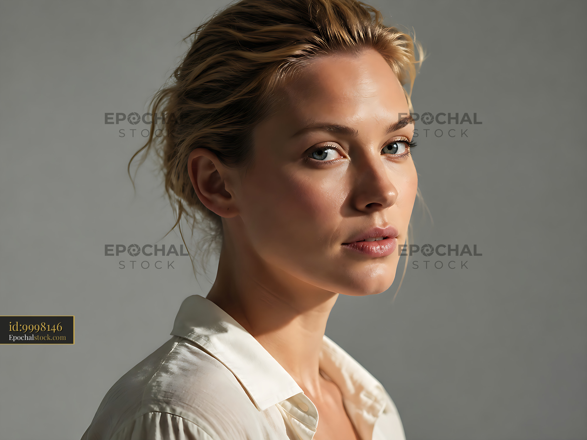 Watermarked full-resolution preview of Model with light makeup and natural expression in studio