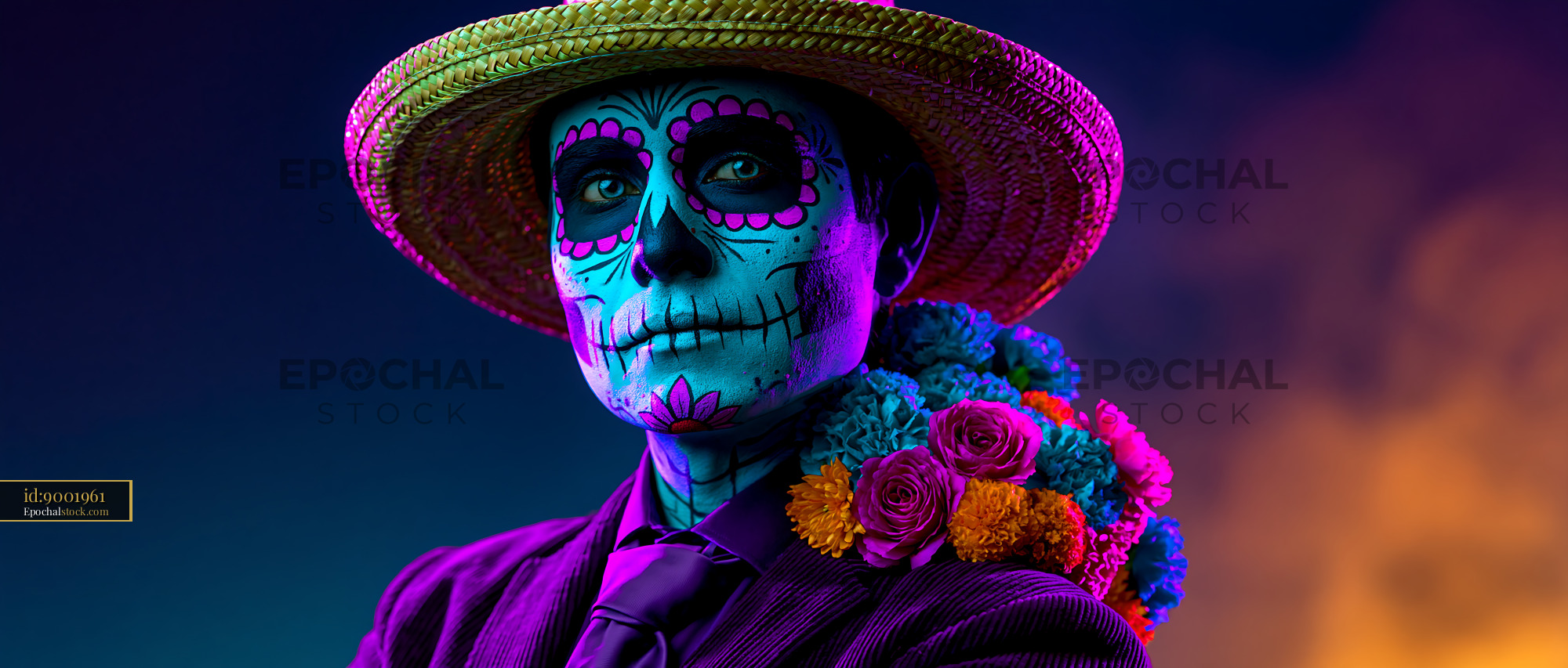 Watermarked full-resolution preview of Colorful skeleton figure with flowers and hat at nighttime