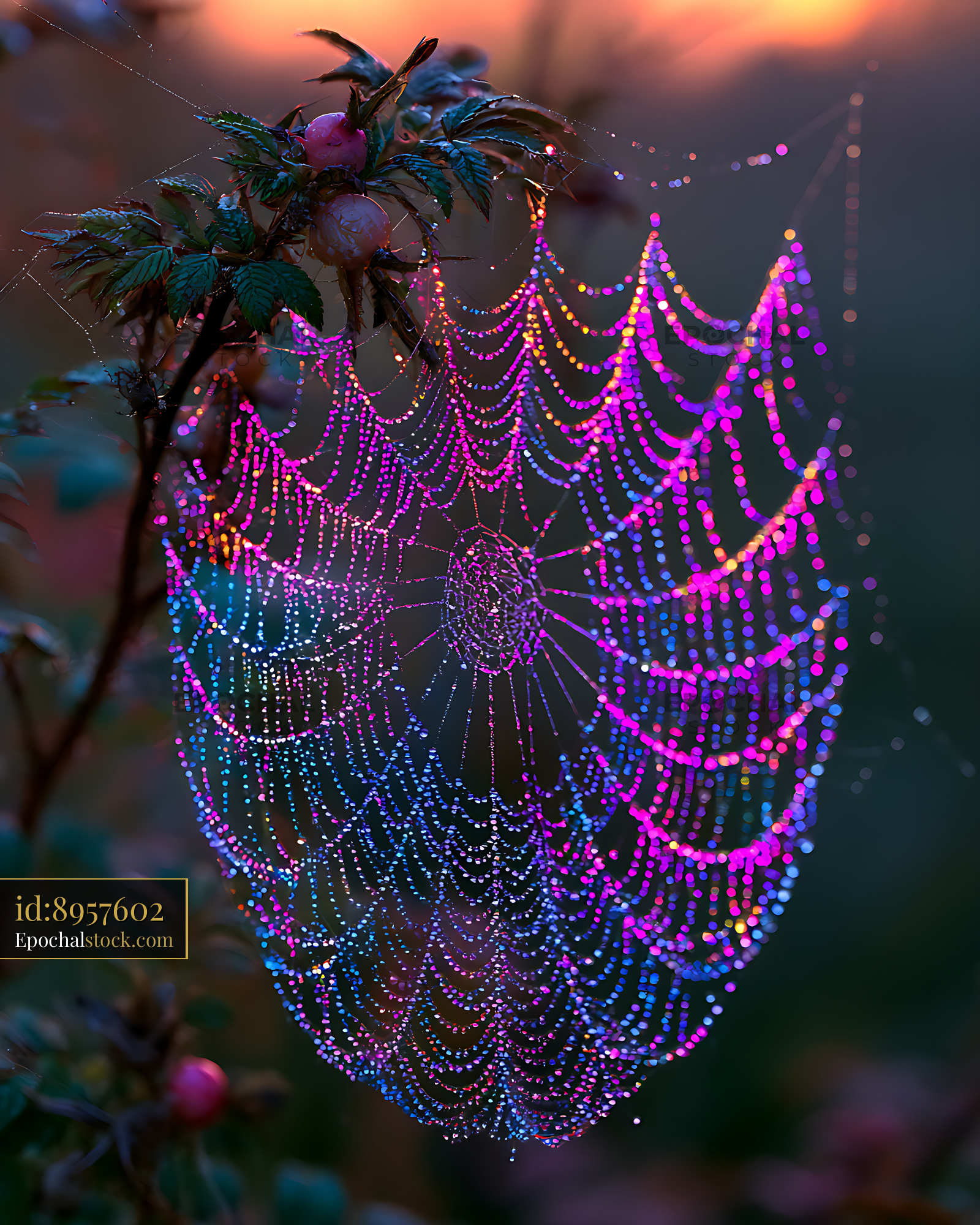 Watermarked full-resolution preview of Vibrant dew-covered spider web in colorful light