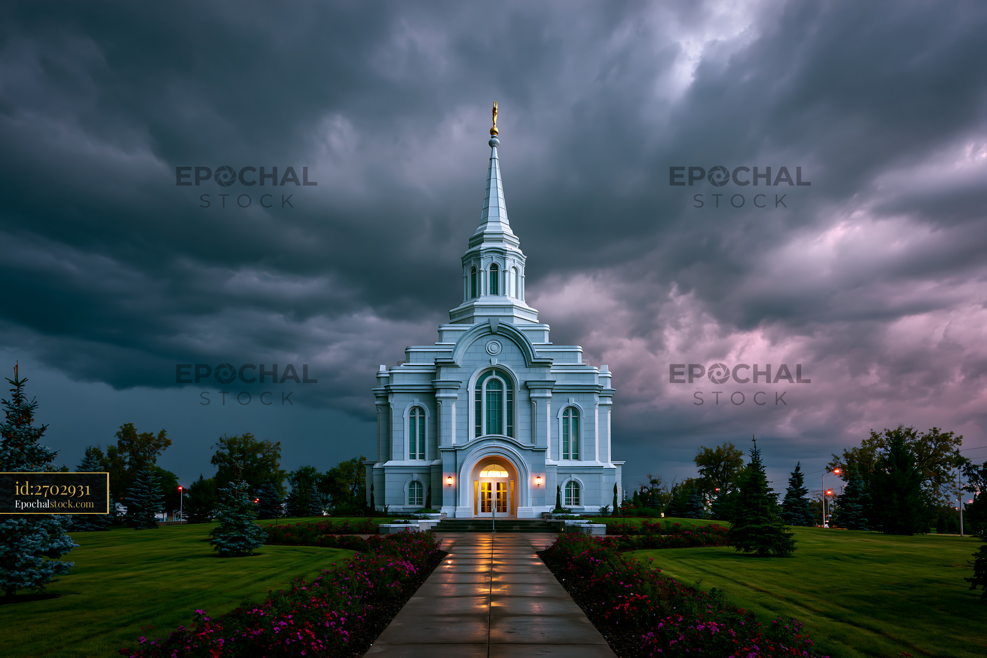 Watermarked full-resolution preview of Church building with a tall spire under a stormy sky