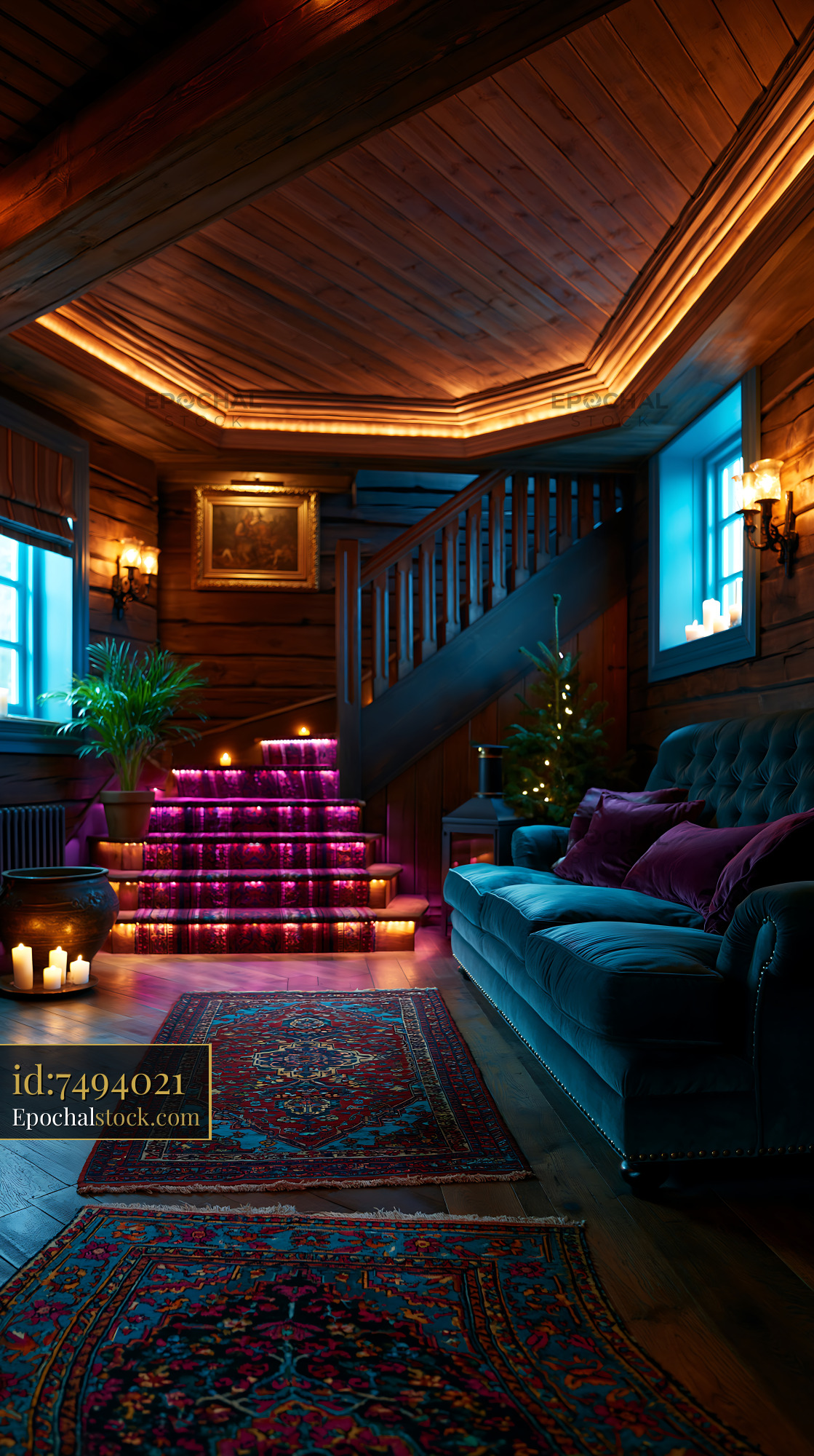 Watermarked full-resolution preview of Cozy interior of a wooden cabin with stairs and soft lighting