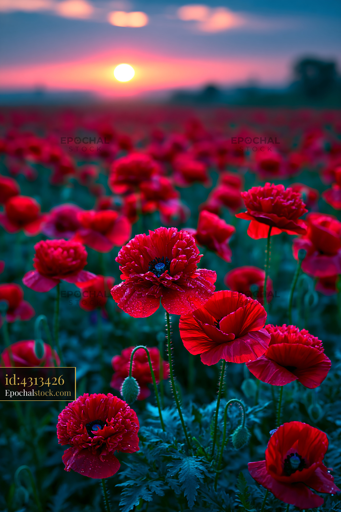 Watermarked full-resolution preview of Red poppy flowers in a field during sunset