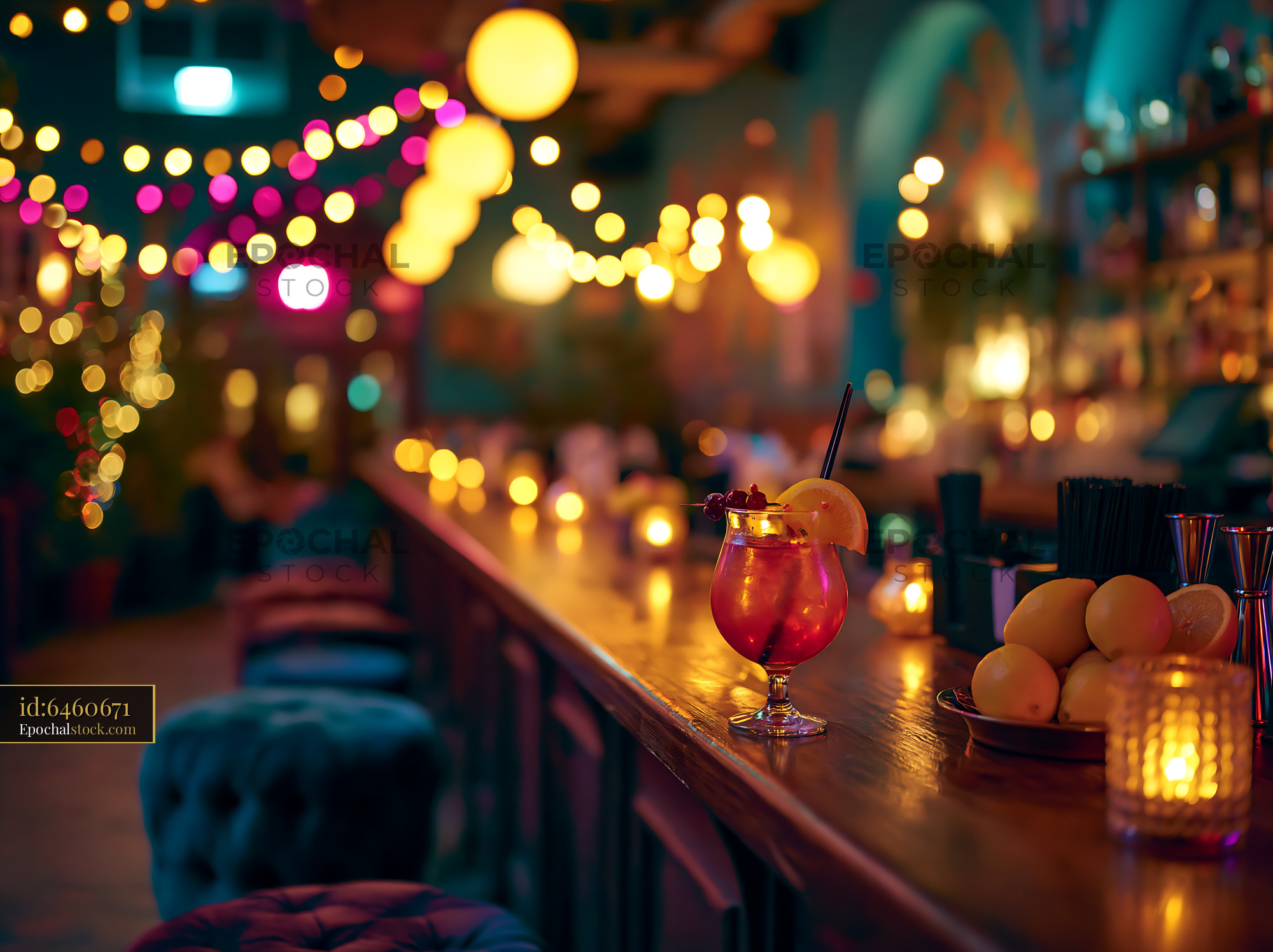 Watermarked full-resolution preview of Cocktail on bar at night in vibrant atmosphere