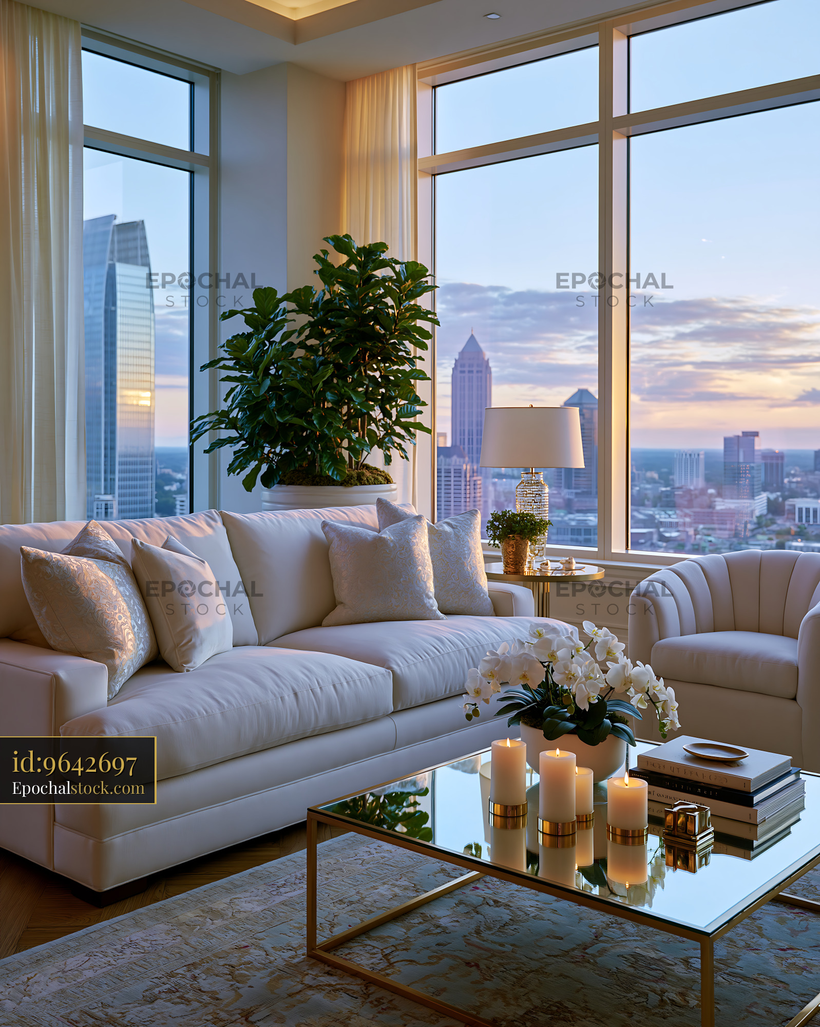 Watermarked full-resolution preview of Modern living room with a city view at sunset