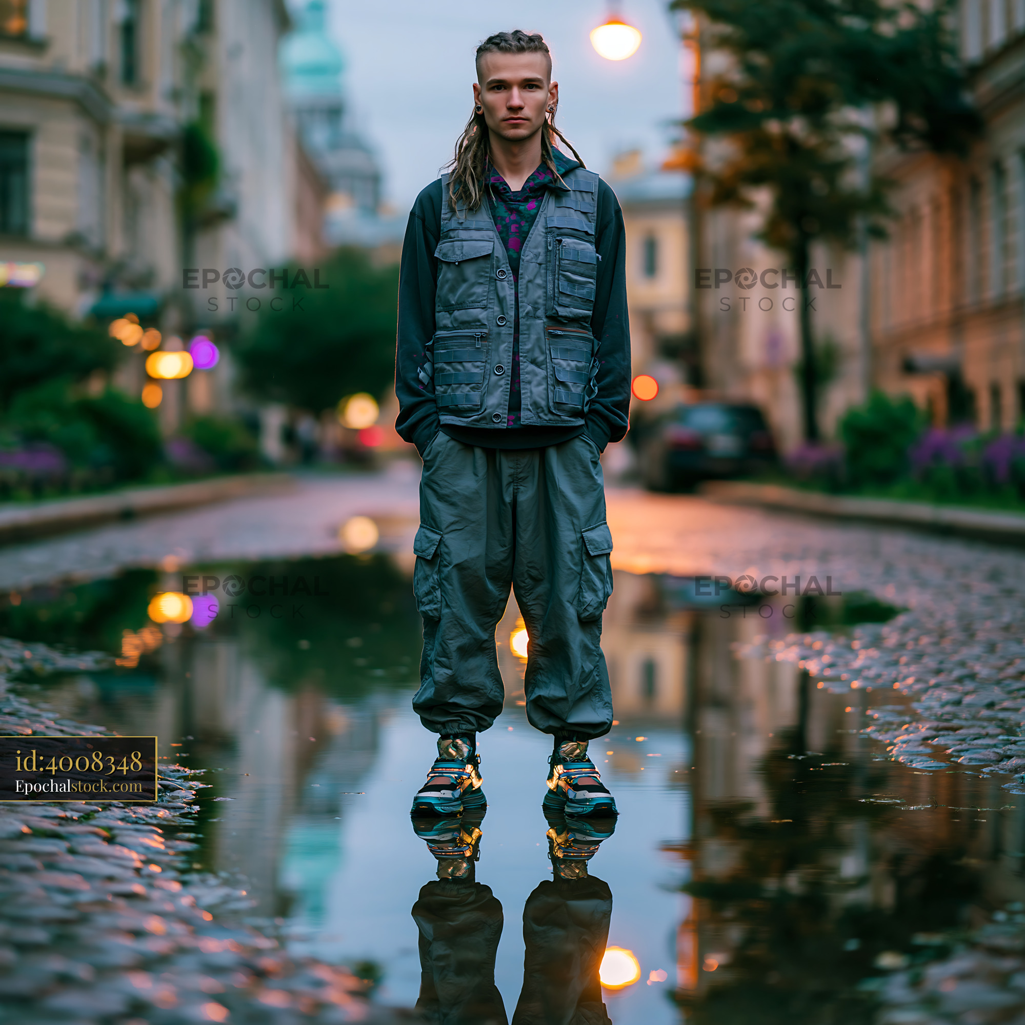 Watermarked full-resolution preview of Person standing on a cobblestone street reflected in a puddle