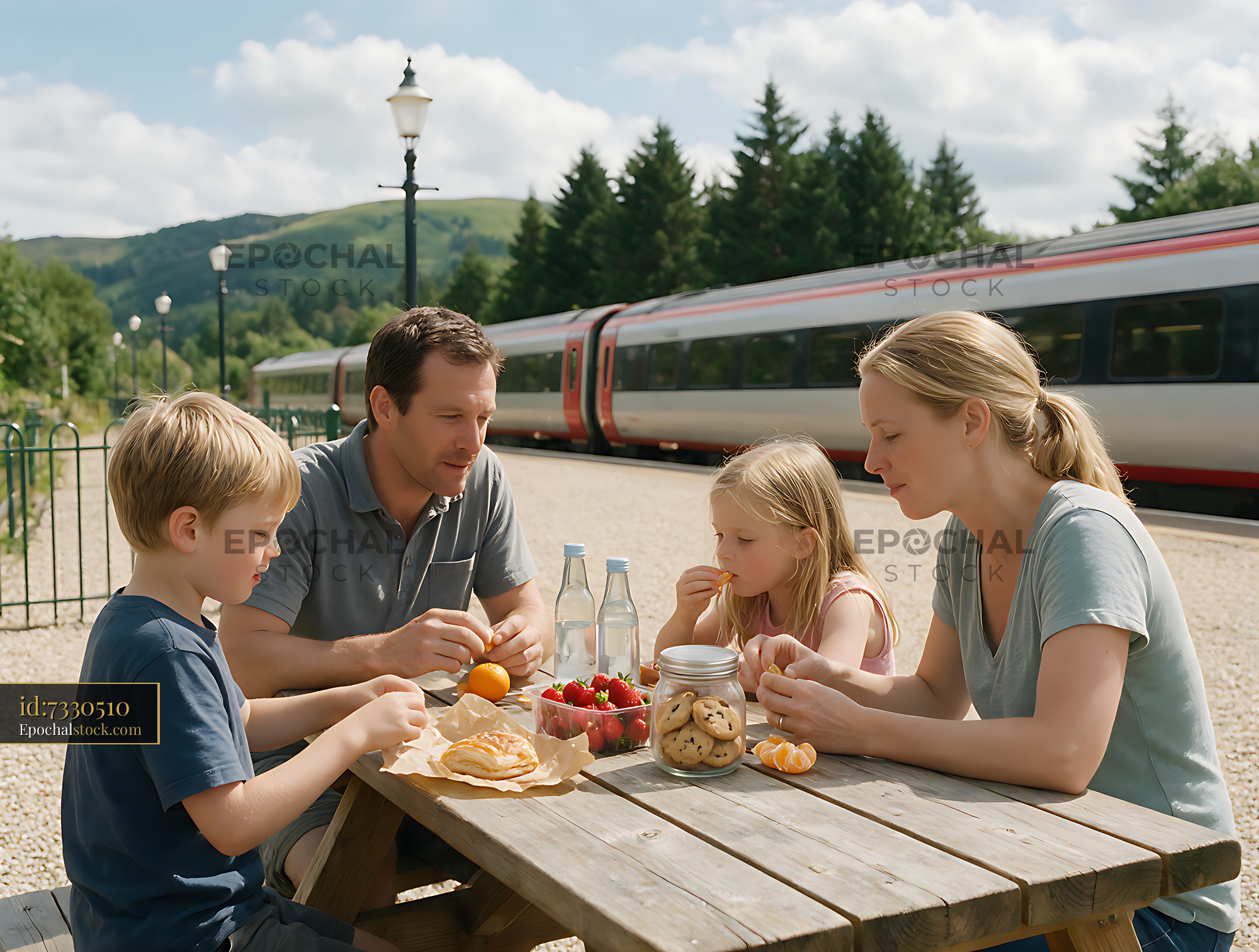 Watermarked full-resolution preview of Family picnic beside passenger train in mountain setting
