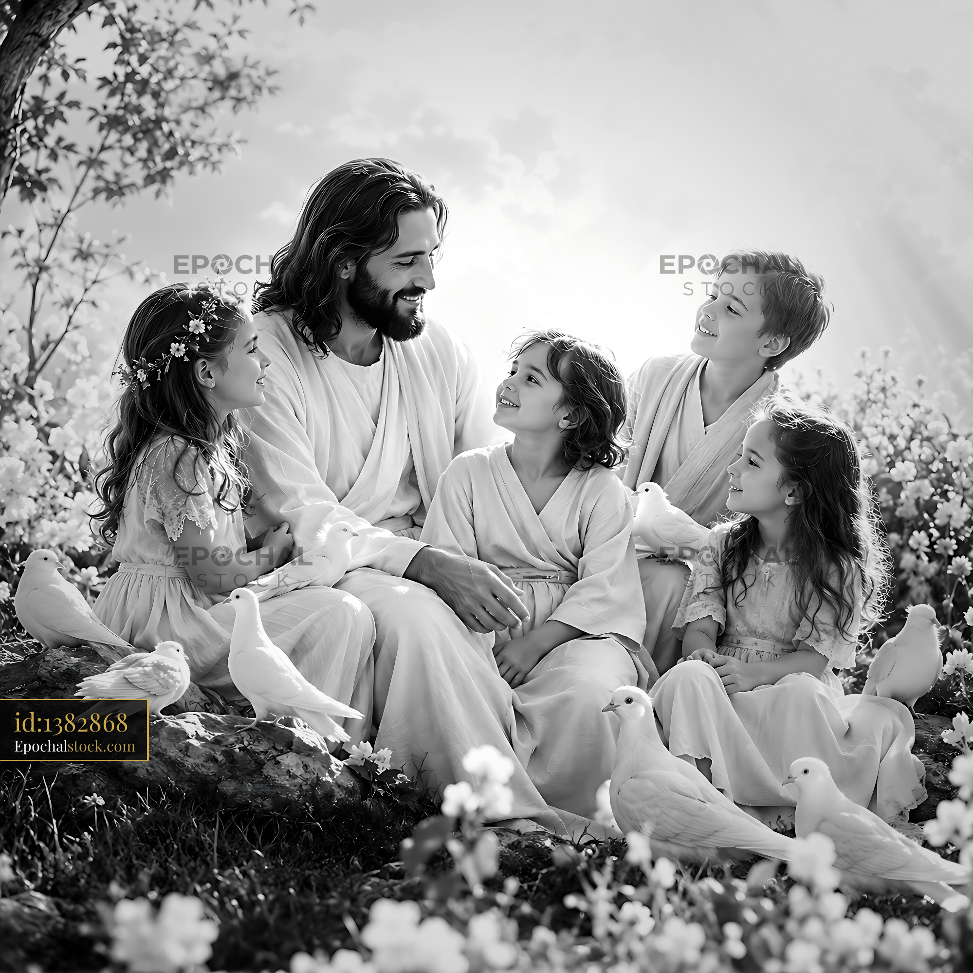 Watermarked full-resolution preview of Children with person sitting in flowers with doves around them