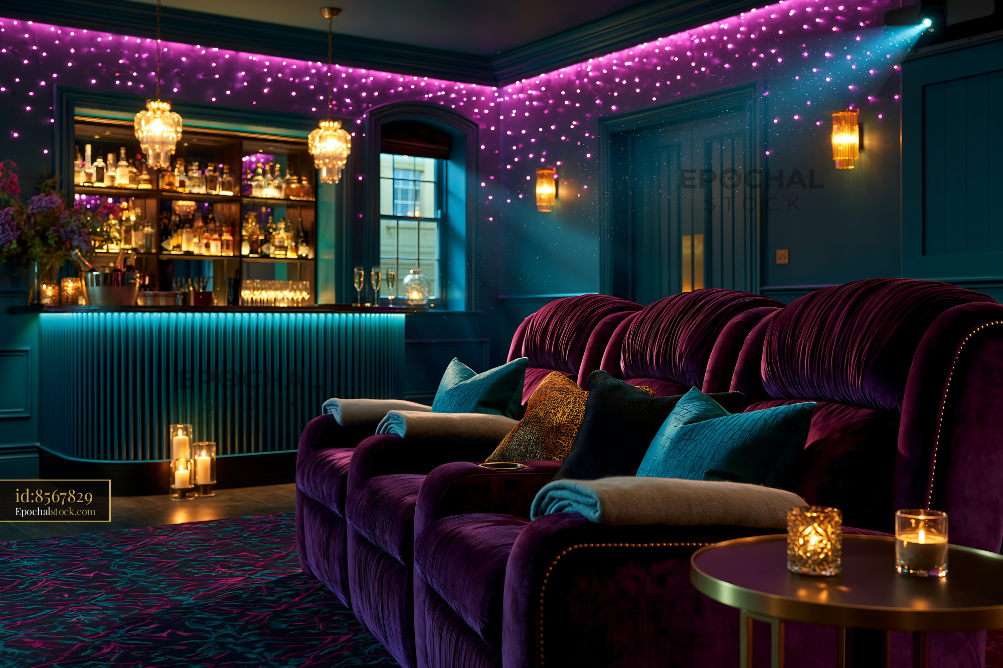 Watermarked full-resolution preview of Luxury lounge with purple seating and bar area at night