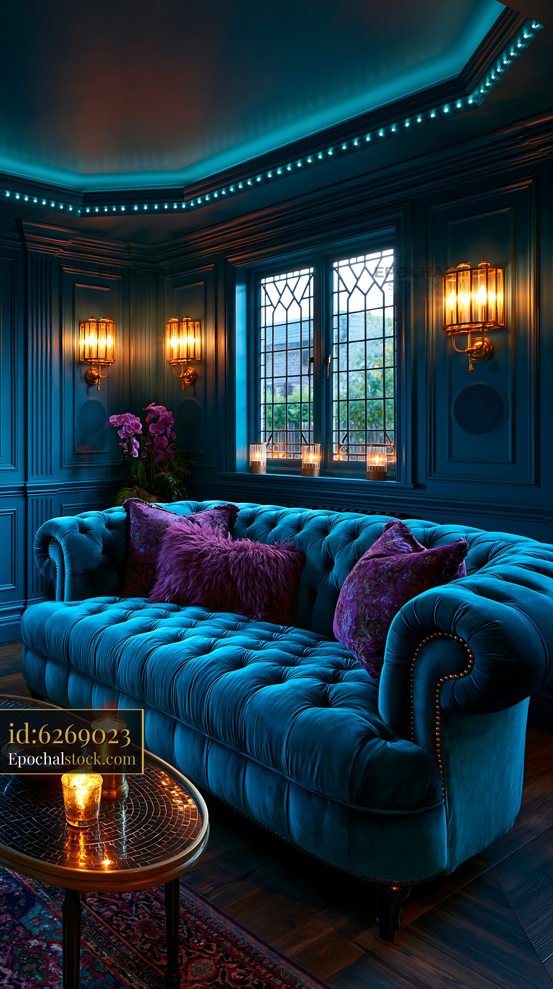 Watermarked full-resolution preview of Cozy living room with blue velvet sofa and decorative lighting