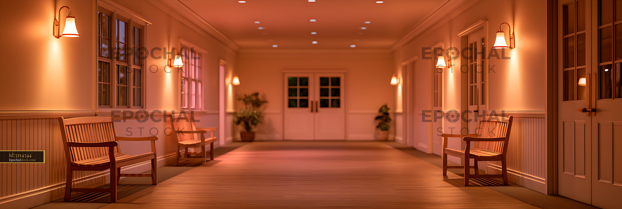 Watermarked full-resolution preview of Empty warm-toned corridor with chairs and architectural details