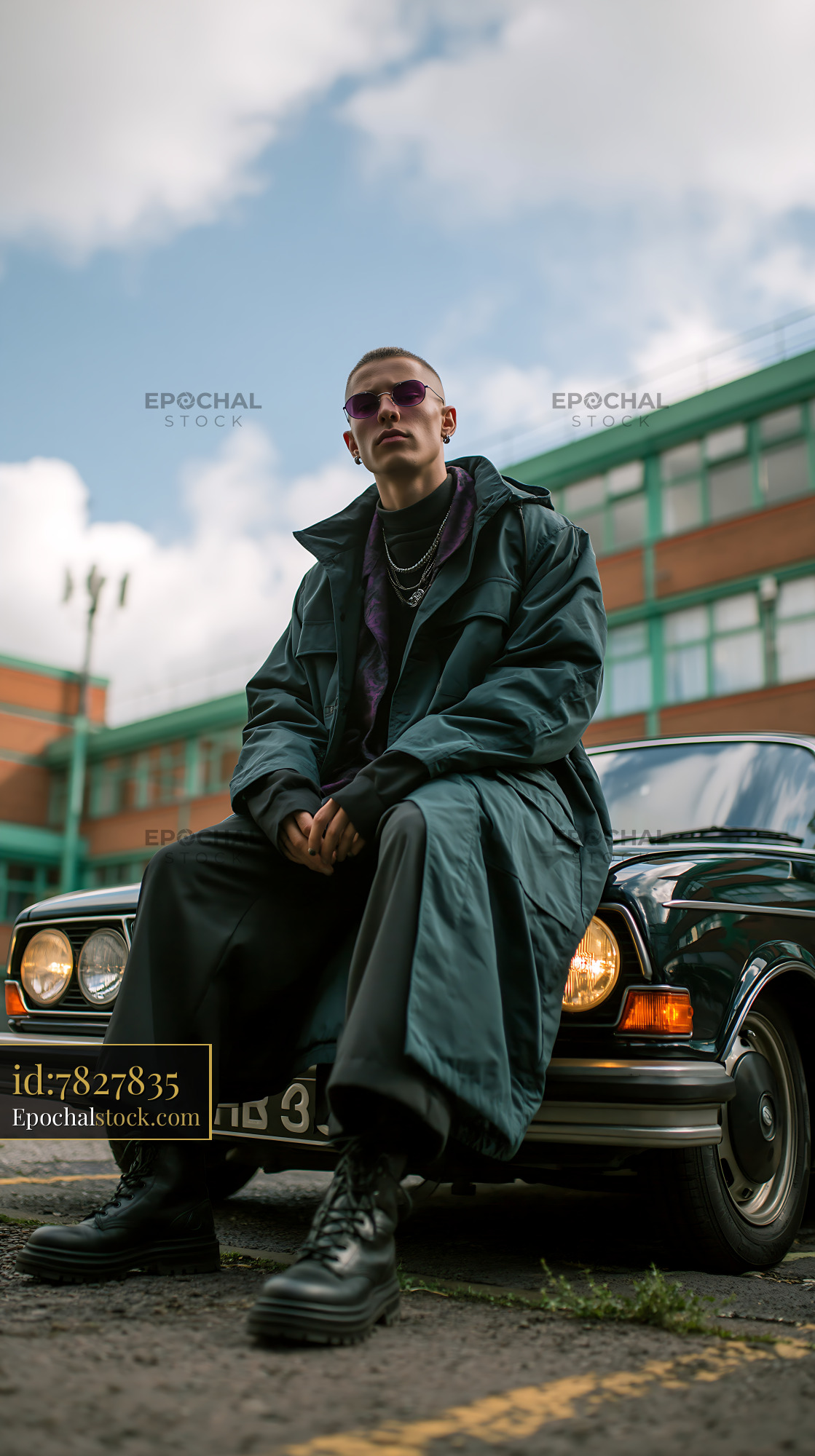 Watermarked full-resolution preview of Youth in oversized coat sitting on classic car