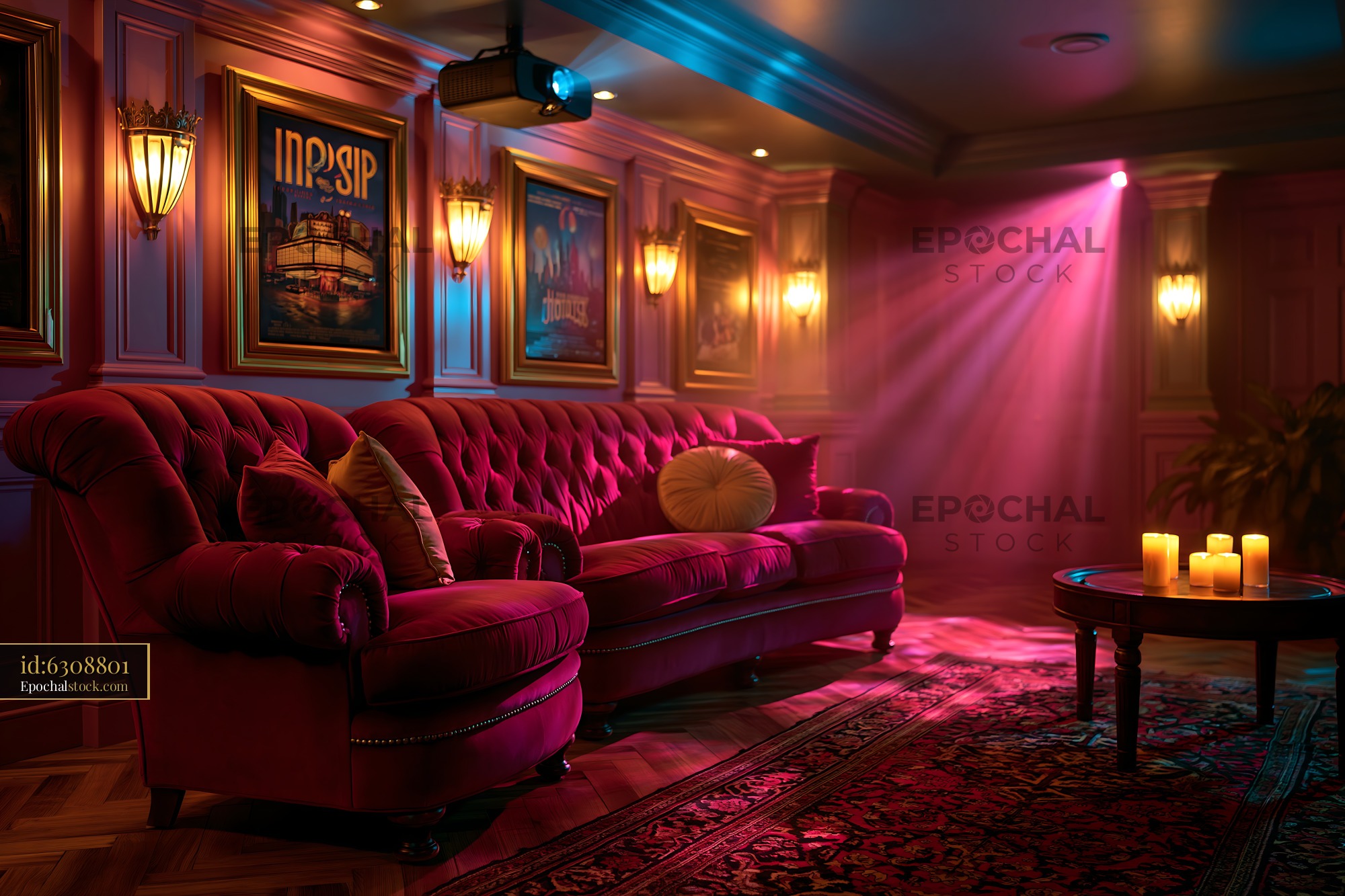Watermarked full-resolution preview of Cozy living room with a red sofa and ambient lighting