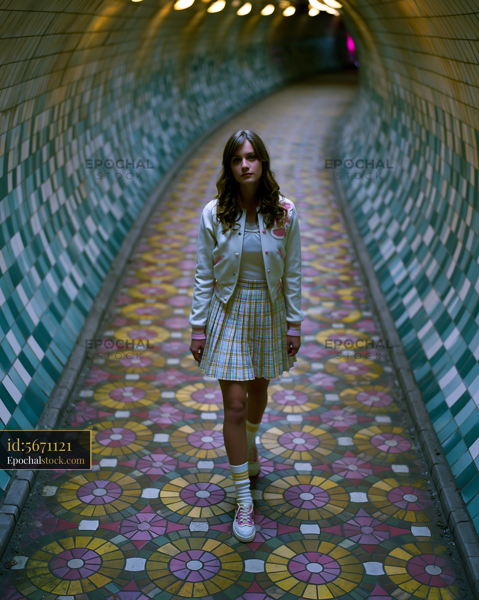 Watermarked full-resolution preview of Girl walking in a patterned tunnel with colorful tiles