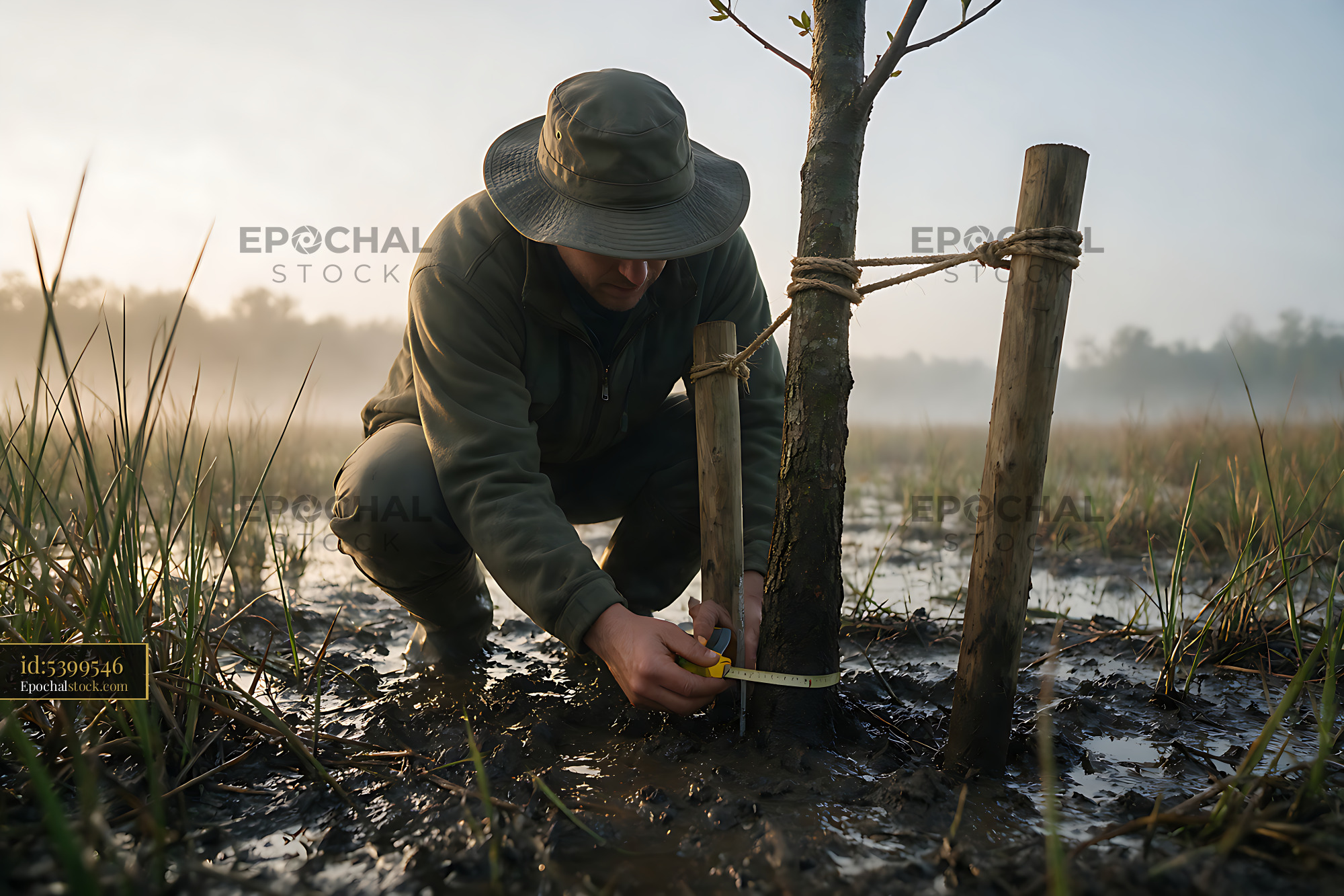 Watermarked full-resolution preview of Worker measures young tree trunk in a wetland