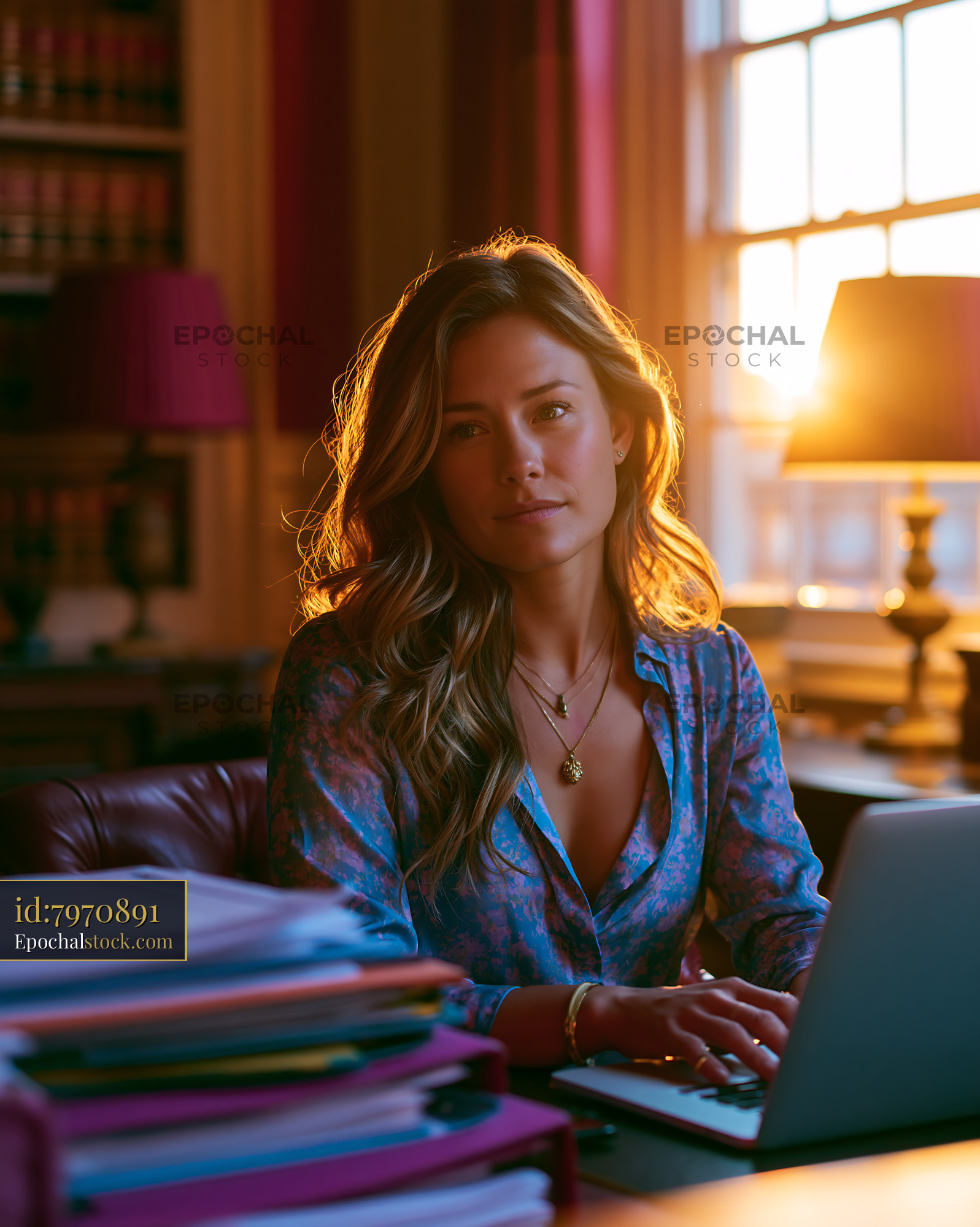 Watermarked full-resolution preview of Woman working on laptop in a library during sunset