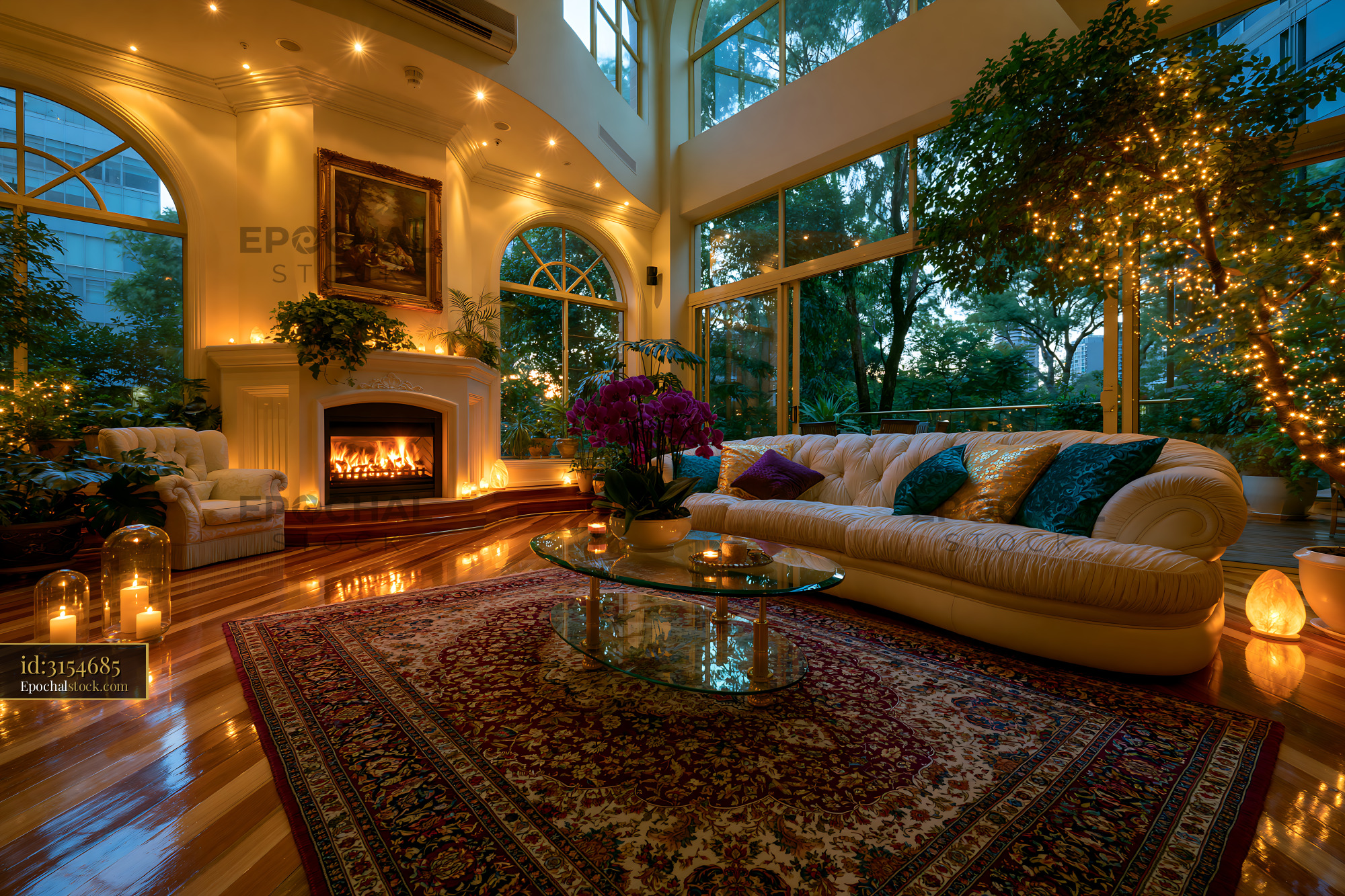 Grand Living Room With High Ceilings and Cozy Fireplace at Dusk - stock photo