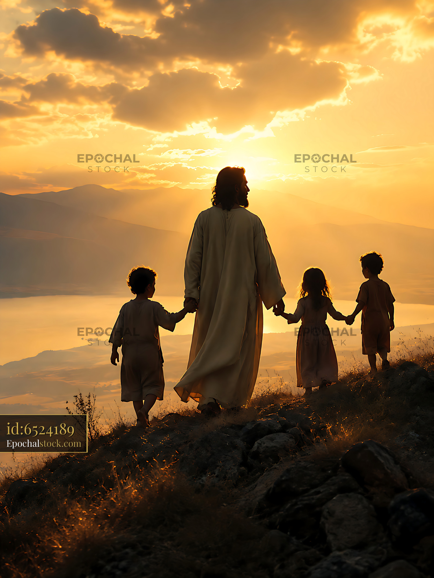 Watermarked full-resolution preview of Walking on the hillside at sunset with children