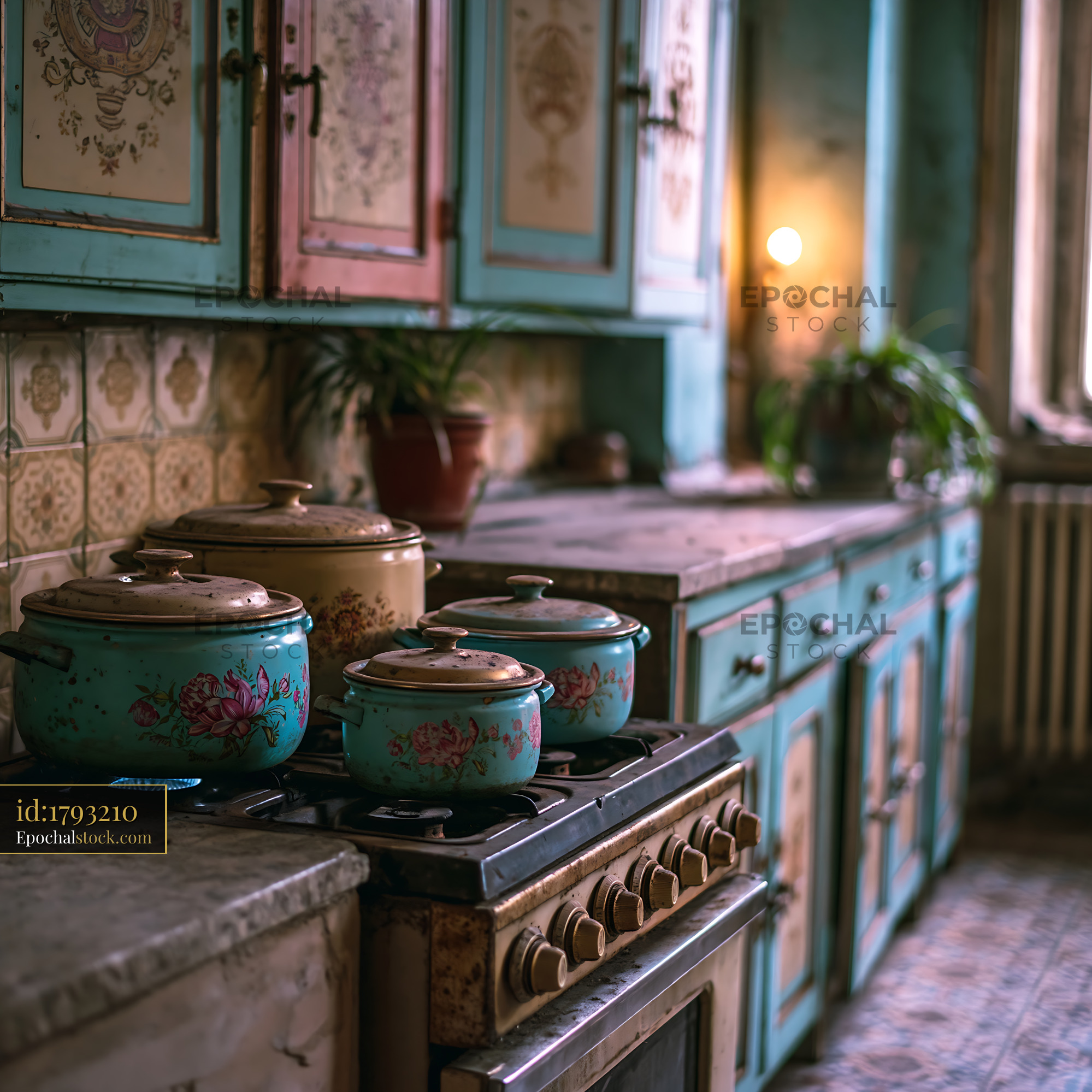 Watermarked full-resolution preview of Vintage kitchen with colorful pots on the stove