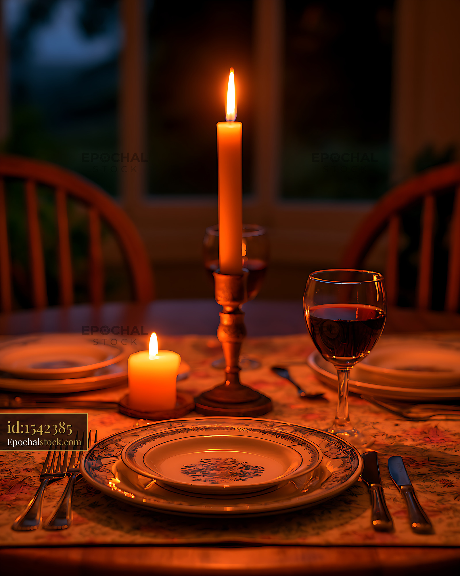 Watermarked full-resolution preview of Elegant candlelit dining table with wine glass