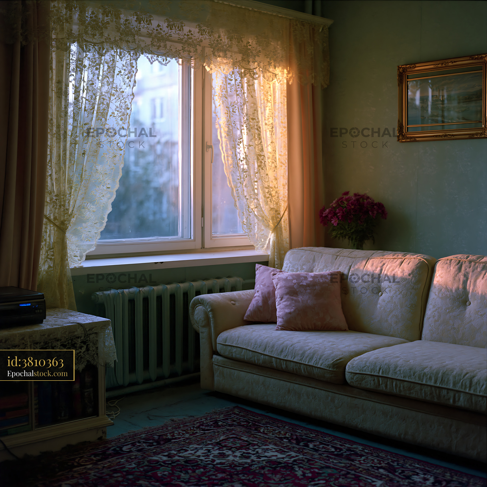 Watermarked full-resolution preview of Cozy living room illuminated by sunlight through a window