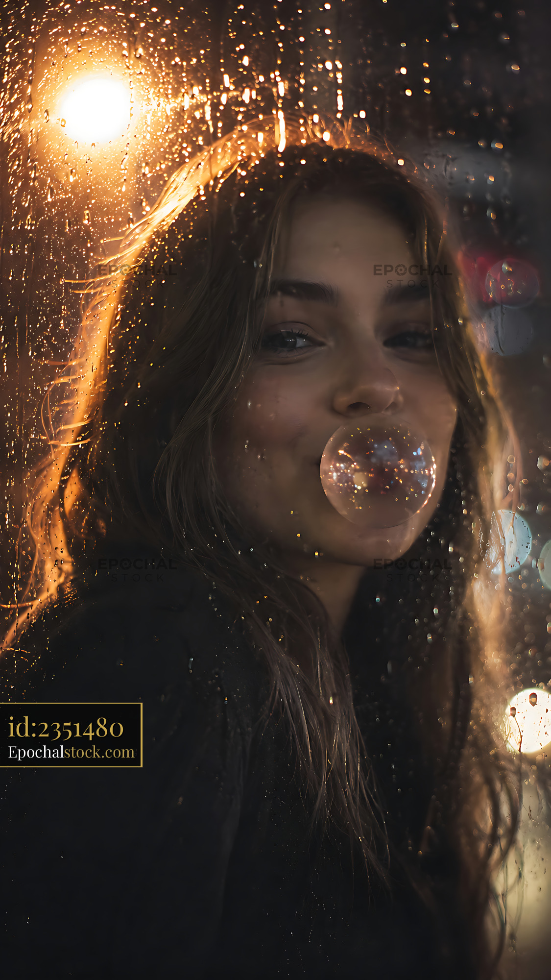 Watermarked full-resolution preview of Woman blowing bubble gum near a rain-soaked window at night